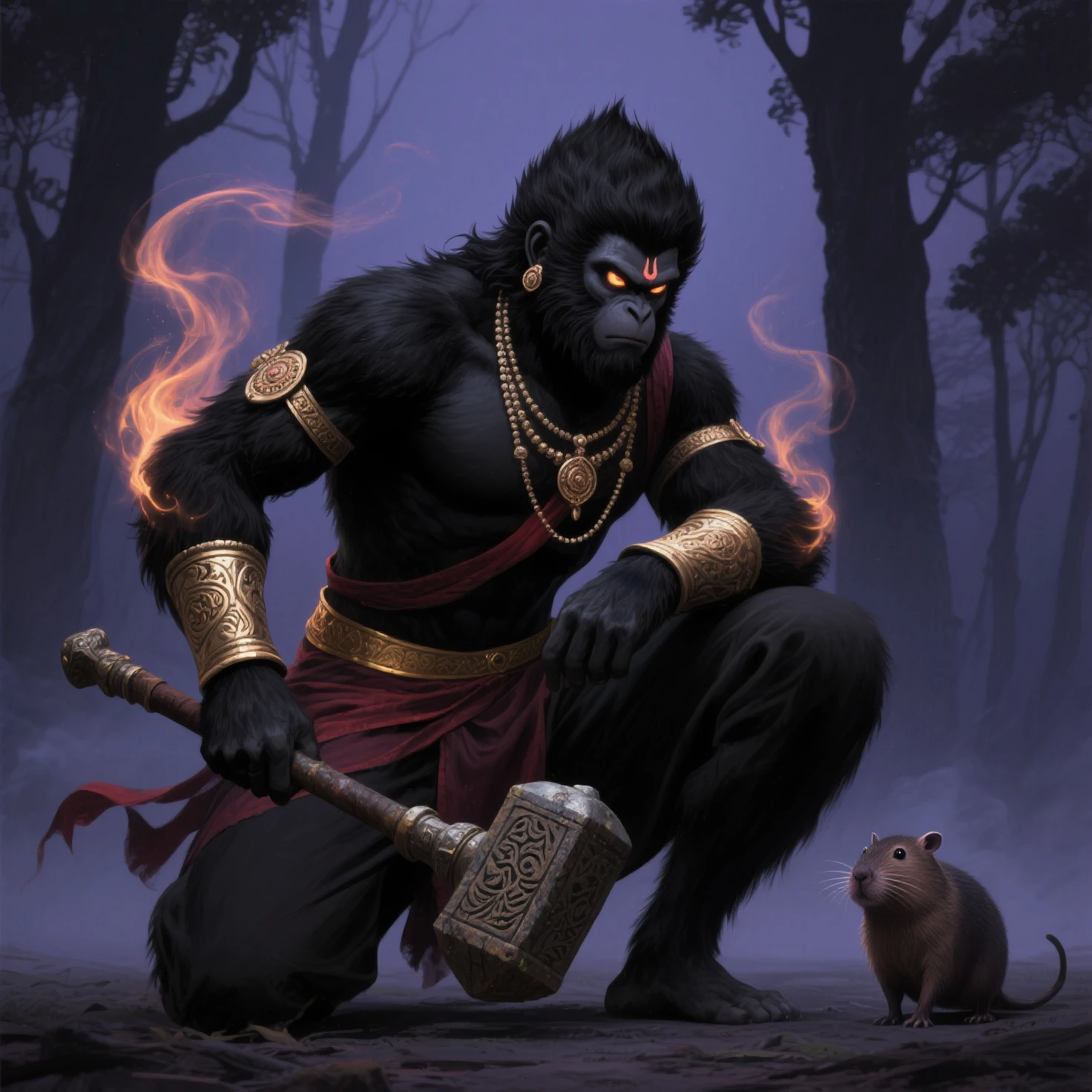 (Black Myth Wukong) A sexy belly dancer (asian woman, large breasts, large butt, sheer dress made of several veils, beetled bra, hourglass figure, laughing face of Black Myth Wukong, dark hairy powerful ape arms) is making a surprised face and shoving a spear in the enemy general, war tent lit with torches, tables of drunken confused warriors. camera is at the evil general