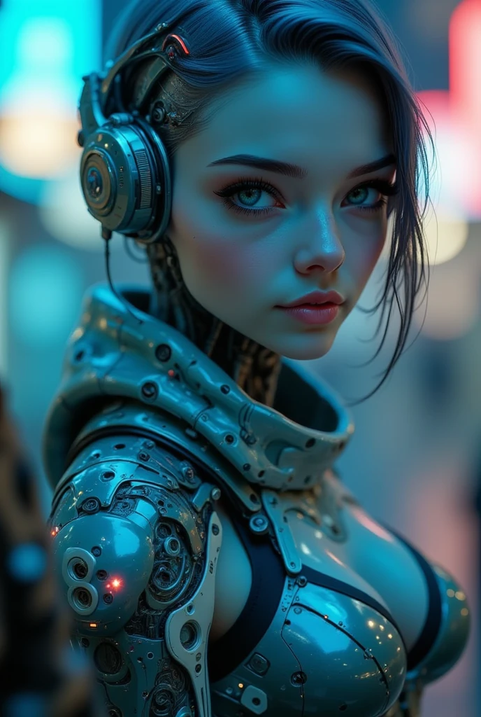 Close-up of a (((Cybernetic girl))) adorned with robotiec elements, blending seamlessly into a cyberpunk environment, (mysterious) and (brutal) ambiance, (masterpiece) of lifelive art, mechanized military helmet detail