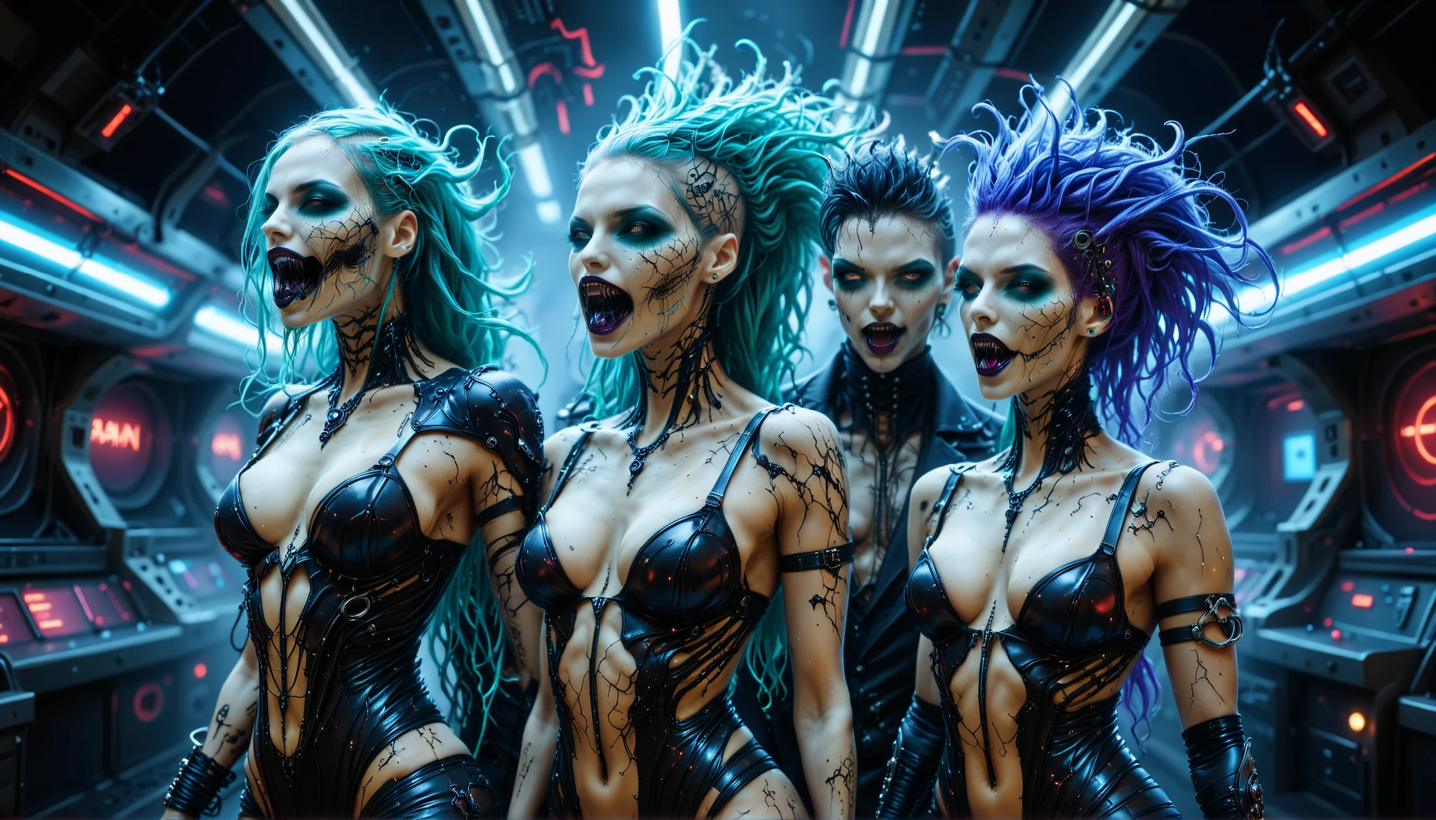 cybernetic corruption, seductive cybernatic vampire, fangs,Underground Club: Multi‑character scene—three vampires in a neon gothic club: one with violet mohawk, one with long aqua curls, one with jet‑black dreadlocks. All in latex and chrome accessories, dancing under strobing lasers.