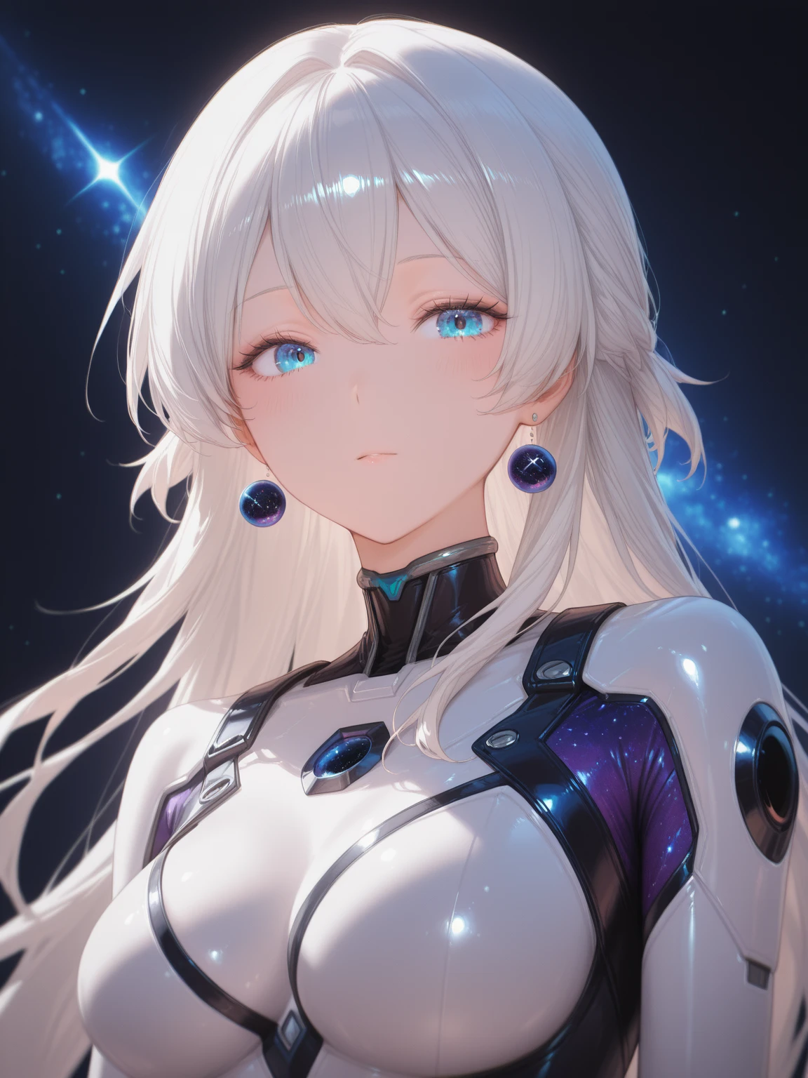 1 girl, 13 years old, white hair, amber eyes, beautiful detailed eyes, beautiful detailed lips, extremely detailed face, long eyelashes, wearing a white motorcycle leather outfit and a white motorcycle helmet with built in ai, floating in space, celestial stars, galaxy background, volumetric lighting, cinematic composition, dramatic lighting, glowing, ethereal, highly detailed, 8k, photorealistic, professional digital art