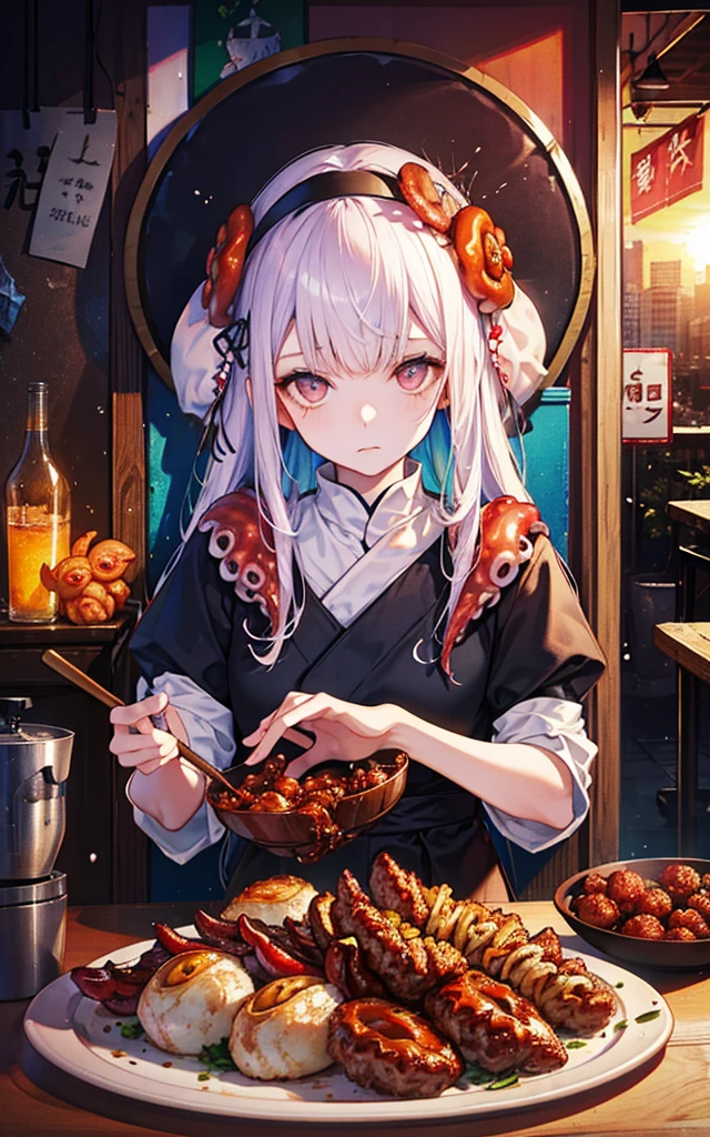 (Extreme complexity, multiple subjects)A giant octopus (panic ked, many tentacles, struggling) is on a sushi table. Its many tentacle are being restrained by many naked Japanese women (petite, assorted small breast sizes, varied height, varied weight, varied face face). the women are restraining the tentacles and using them for sex or caressing's their breasts with them. Very near the octopus's head a naked woman sushi chef is sharpening her blades and preparing vegetables.