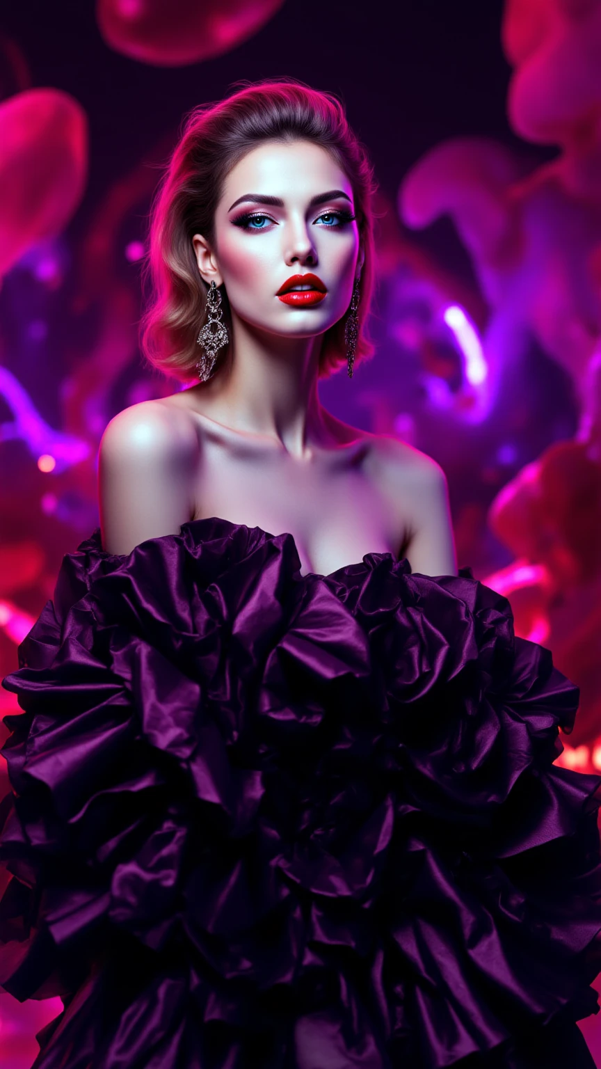 A breathtaking image of a stunningly beautiful and voluptuous black woman dressed in a vibrant red gown, surrounded by an enchanting expanse of bursting stars and the milky way in the galaxy. This captivating portrait, inspired by the ethereal beauty of Lan Ying, showcases the finest elements of cosmic art fashion photography. The high fashion photograph, with its intricate details and cinematic lighting, transports us to an otherworldly red dream world. The overall composition, with its award-winning aesthetics and fine art portrait photography approach, is a mesmerizing 32k artistic masterpiece that combines the purest colors and the greatest detail, making it a true
