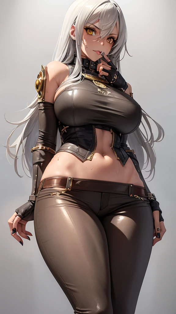 qi_aov_new, 1girl, solo, grey eyes, grey hair, bangs, long hair, hair ornament, breasts, large breasts, looking at viewer, blue eyes, white background, animal ears, bare shoulders, standing, white hair, , pants, black pants, armor, lips, gauntlets, jewelry, braid, toes, anklet, tail, ass, realistic, (masterpiece),((ultra-detailed)), (highly detailed CG illustration),(expressionless), (best quality:1.2)