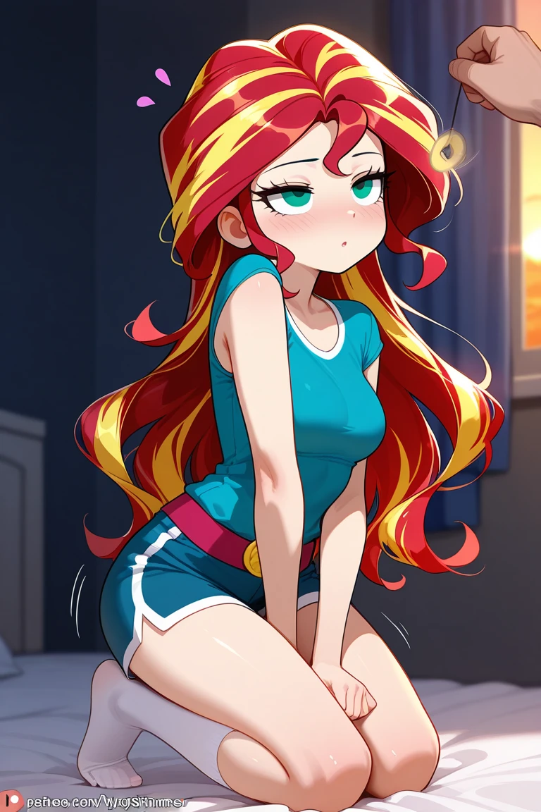 STICKER, (solid outline:1.2), (NSFW:1.2), full-Length, Sunsethuman, Sunset Shimmer sitting down, legs open, shoes visible, Sunset Shimmer big breasts exposed, Sunset Shimmer from my little pony, Sunset Shimmer in the form of a girl, big breasts, lush breasts, voluminous breasts, firm breast, detailed hands, two tones of hair, red and yellow hair, solo, one character, medium body, turquoise eyes, gentle smile, simple sunset, very beautiful fantasy art, beautiful and elegant female pony girl, red and yellow colour palate, red and yellow colour-theme, vintage t-shirt design, in the style of hand drawing, 3D vector art, fantasy art, watercolour effect, Adobe Illustrator, hand-drawn, digital painting, low-poly, soft lighting, isometric style, retro aesthetic, focused on the character, 4K resolution