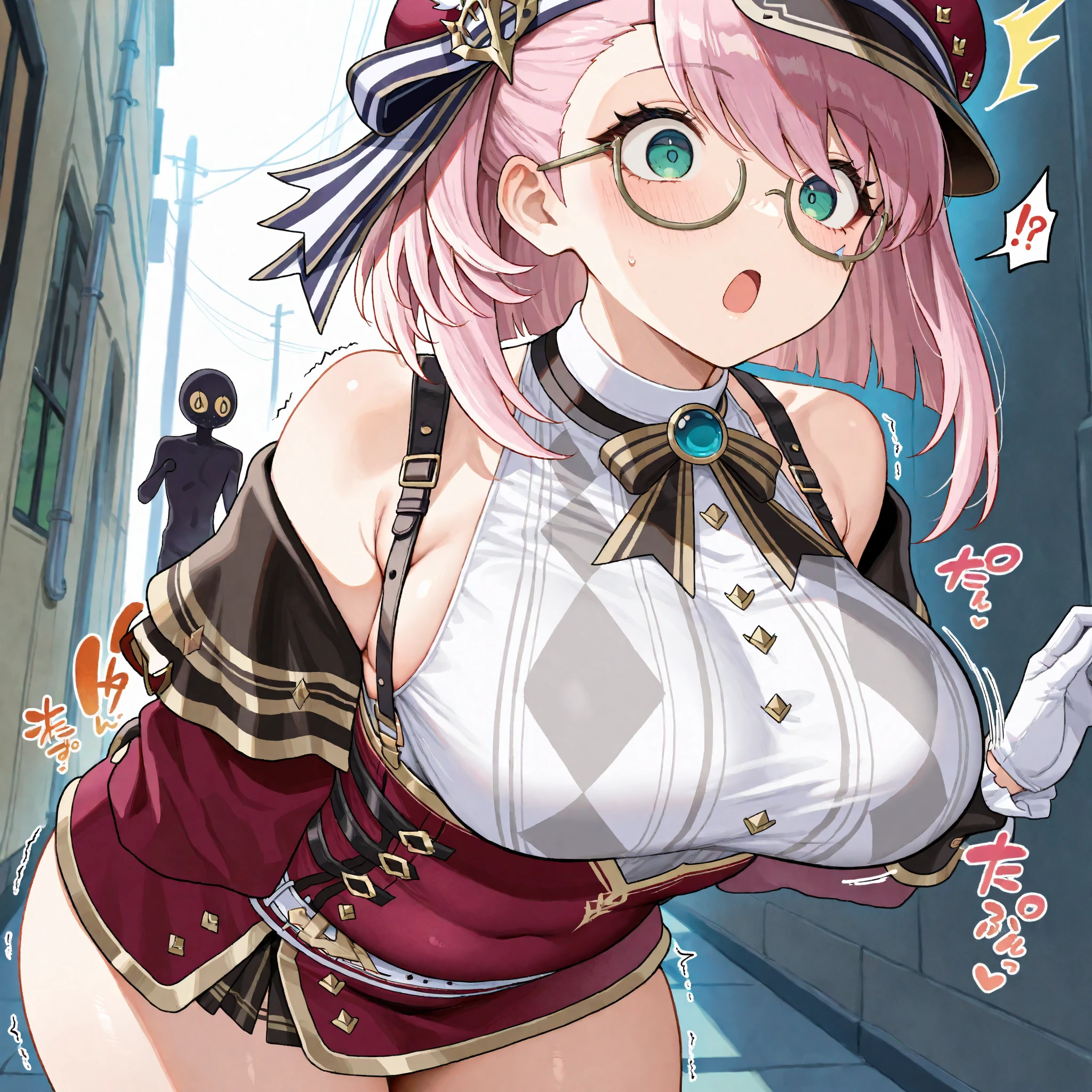 (coin), 1 girl, woman, sexy, details, 比基尼, Falling harness, womanผิวคล้ำ, A dazed expression, thick thighs, jeans, arms on chest, luminous pink eyes, mouth open, underboob, smile