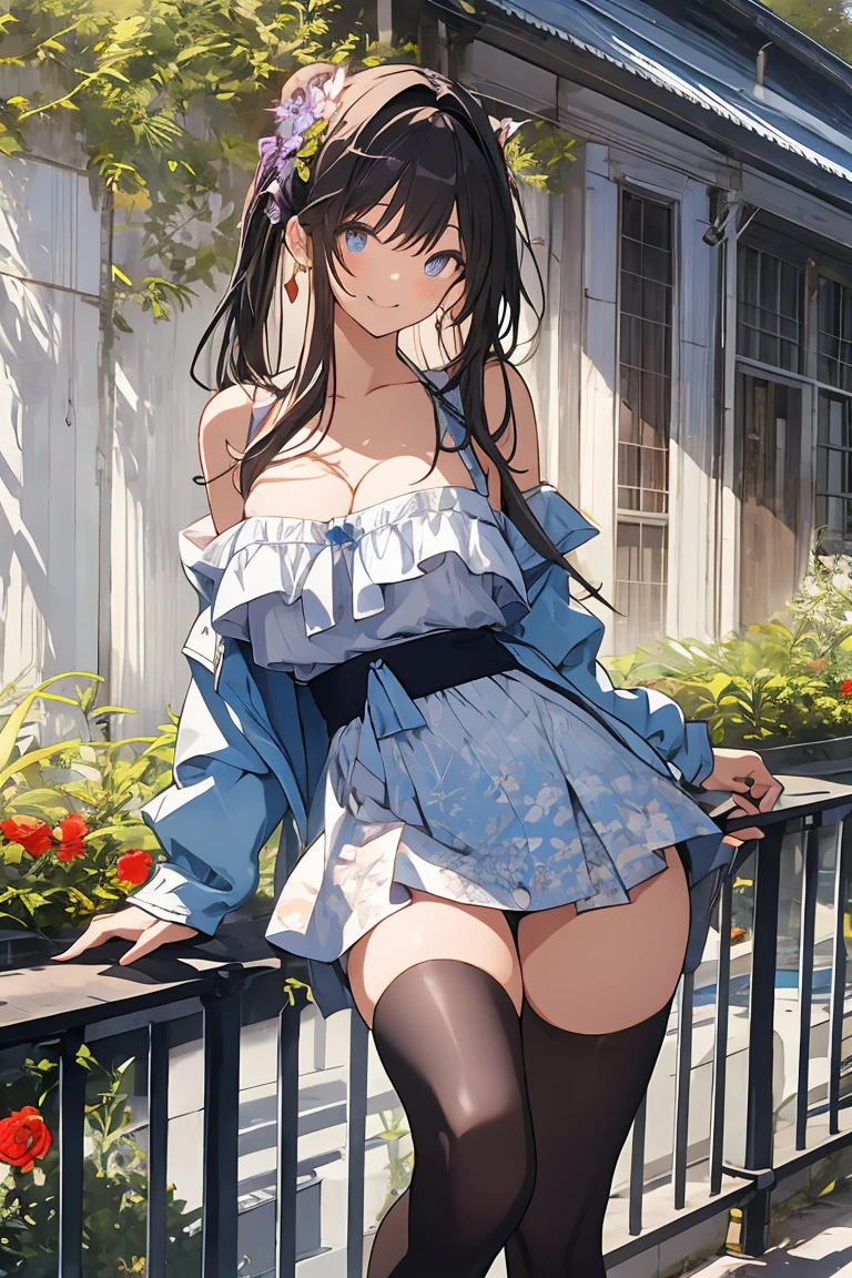 A beautiful girl wearing a navy blue dress posing for a photo, anime girl, in the park, Lolita style dress with ruffles and lace, (flower printed elegant dress skirt), low-cut chest, blue sky and white clouds, windy day, white stockings above the knee, (looking at the viewer), brown hair, bangs, swept bangs, long hair, wavy hair, shiny hair, expressive hair, hair flower, hair ribbon, jewelry, aqua eyes, glowing eyes, pupils sparkling, earrings, open mouth, blush, tongue, happy, red lips, glossy lips, upper teeth, naughty face, big rounds breasts, slim waist, beautiful and detailed legs, cute thighs, full body, well defined body, fine lace panties, (showing elegant panties:1.4), exposed panties, skirt lift, upskirt, wind blowing up dress skirt, high detail, ultra-detailed, anime, dithering, beautiful illustration, depth of field, pov, low angle, from below, perspective, panorama, game cg, NSFW, Wide-Angle, f/1.8, 85mm, Sony FE GM, 8k, super detail, UHD, retina, masterpiece, accurate, anatomically correct, textured skin, highres, 16k