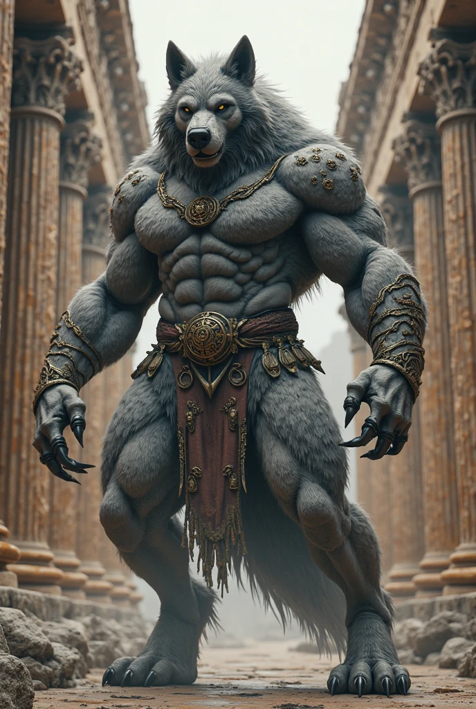 male, semen, black wolf, (furry body,) black body, high quality, realistic, muscular, massive, shrine, sacred, furry, masterpiece, (full nude, Stick out penis., Luxurious black loincloth, Luxury accessories, erection under cloth,)