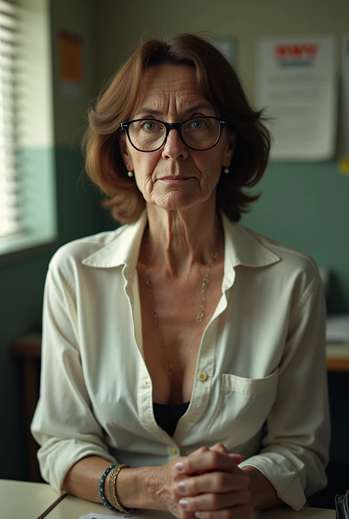 (editorial photograph of Catherine as a 45 y.o. college professor), (designer top:1.2), (cotton underpants:1.3), (highly detailed face:1.4), (smile:0.7), (sitting on the desk:1.5), (background inside dark, moody, private study, old furniture:1.3), (8k, uhd, dslr, high quality, cinematic lighting, bokeh), (dramatic, award winning photography, incredible masterpiece:1.3) <lora:epiNoiseoffset_v2:1.2>