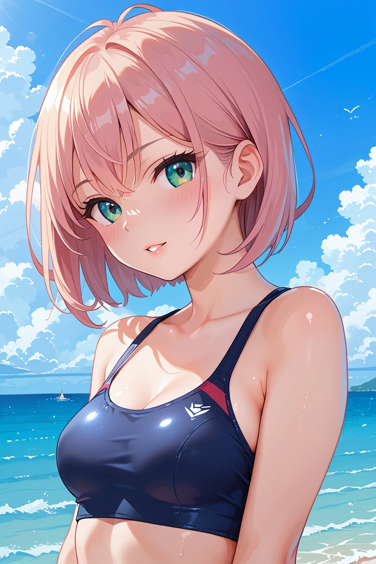 baby face, (pink short wavy hair:1.5,messy hair:1.5), (photorealistic:1.8), (masterpiece, sidelights, exquisite beautiful eyes: 1.5), masterpiece*portrait, realistic, 3D face,(cute face),front view: 1.6、 (glowing blue eyes:1.2),plump face:1.5,(tareme:1.5)、(seductive smile:1.2),Rosy Mouth,Slim Body,abs, shiny hair, shiny skin: 1.5、medium breasts,cleavage、solo,(stand)、(white bikini)、(charactor focus:1.5、portlate:1.5、upper body),beach,
