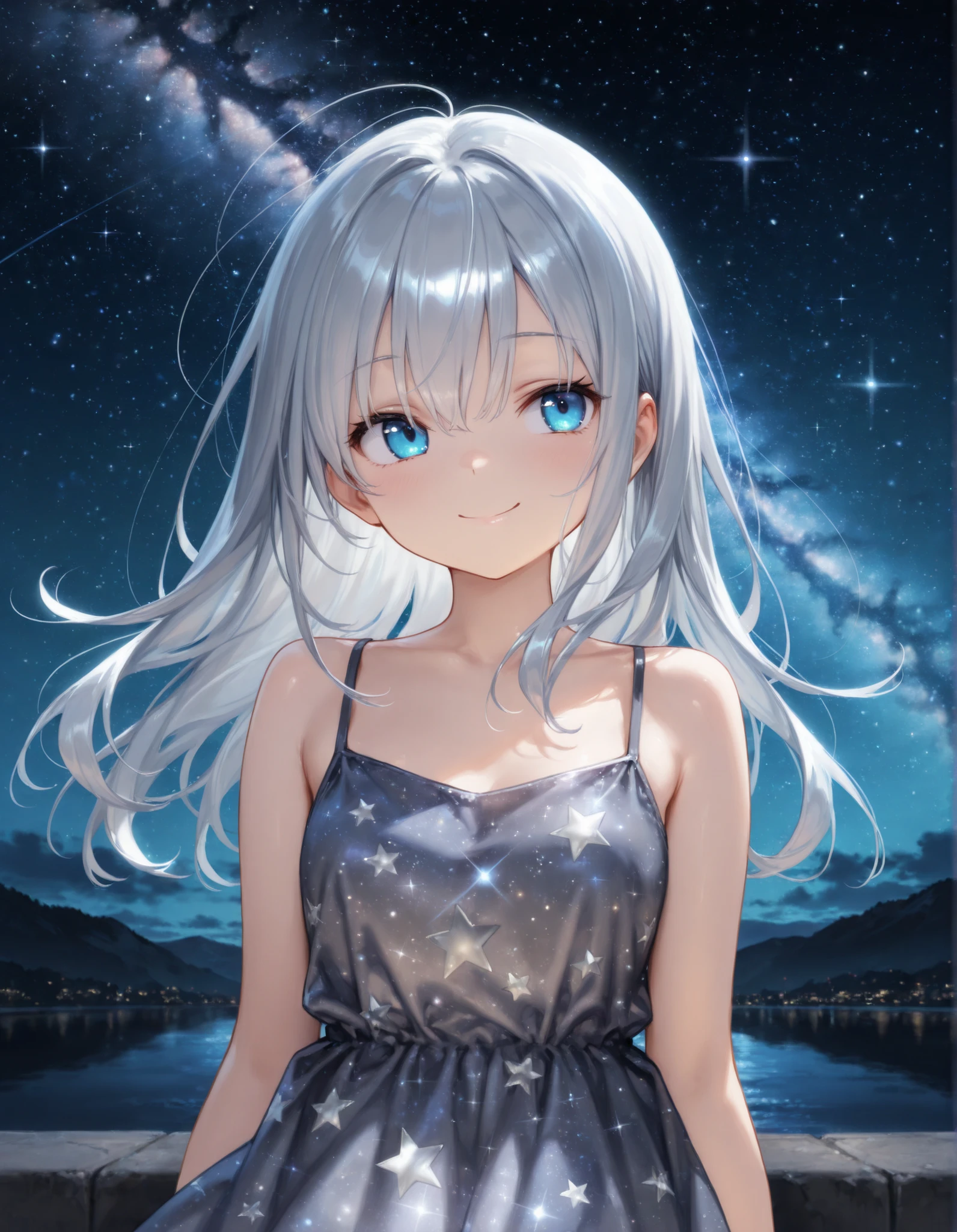 masterpiece, best quality, very aesthetic, 1girl, solo, long silver hair, upper body, blue eyes, arms at side, outdoors, starry night, long grey star print dress, smile,