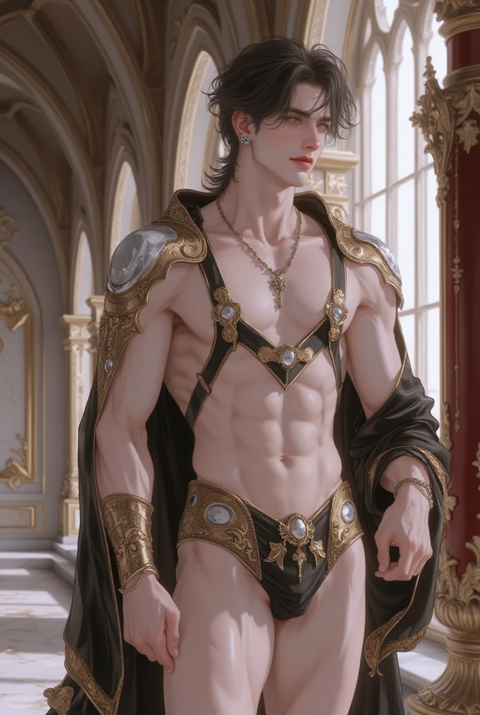 high quality, super realistic, Envision a hyper-realistic composition that seamlessly integrates the exquisite detail of John Singer Sargent with the dreamlike elegance of Alphonse Mucha, creating a insanely handsome man’s portrait where realism and Art Nouveau mystique converge, An extremely seductive masculine and handsome man is depicted against a backdrop of golden swirling patterns inspired by Mucha's iconic golden ornamental designs, The man is adorned in flowing garments that echo Mucha's romantic style, with intricate patterns intertwining seamlessly with the hyper-realistic details of his attire, by yukisakura, highly detailed,