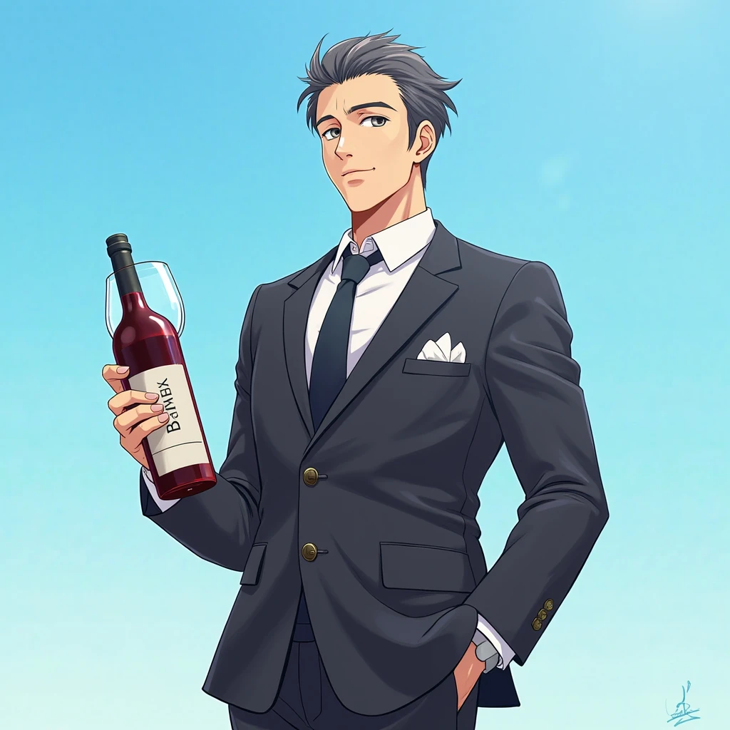Create a stunning adult male cartoon character with a glass of wine in his hand with anime face with blue hair, with a hot black suit