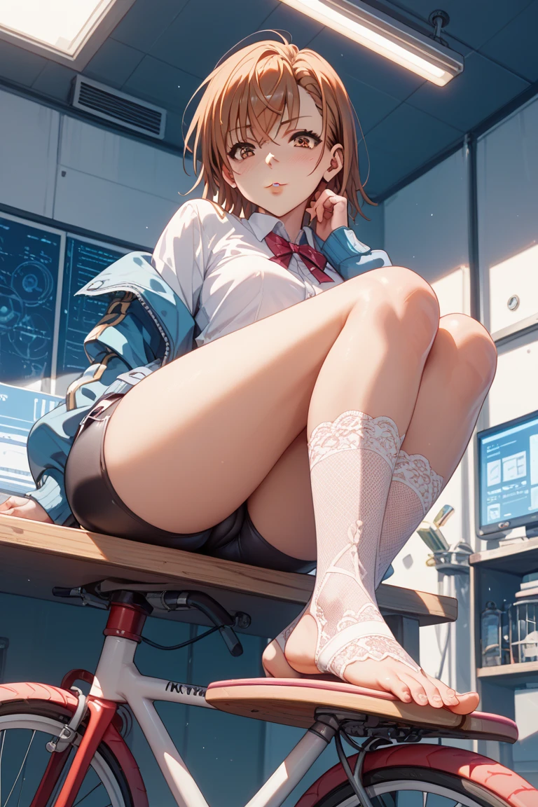High-definition images, atmospheric perspective, 8K, Super detailed, Accurate, highest quality, anime background, 1 female, Last, (ecstasy face), (droopy eyes), (blush), ((sleepy)), ((Finely designed, luxurious and colorful adult shorts, panties High-definition images, Draw pants with super precision)), ((show off panties)), ((she has pubic hair, Pubic hair sticking out of pants), (spread legs, raise your legs) open your mouth, (shirt, (swollen areola)), ((thin thighs, thin legs)), pantyhose, earrings, simple necklace, straddle, masturbation, (strange pose), ((moment of orgasm)), (angle from below), hair up, (straddle to hit panties on a exposed thin pipe for masturbation), factory clerk, uniform jacket, Nameplate, at the factory,