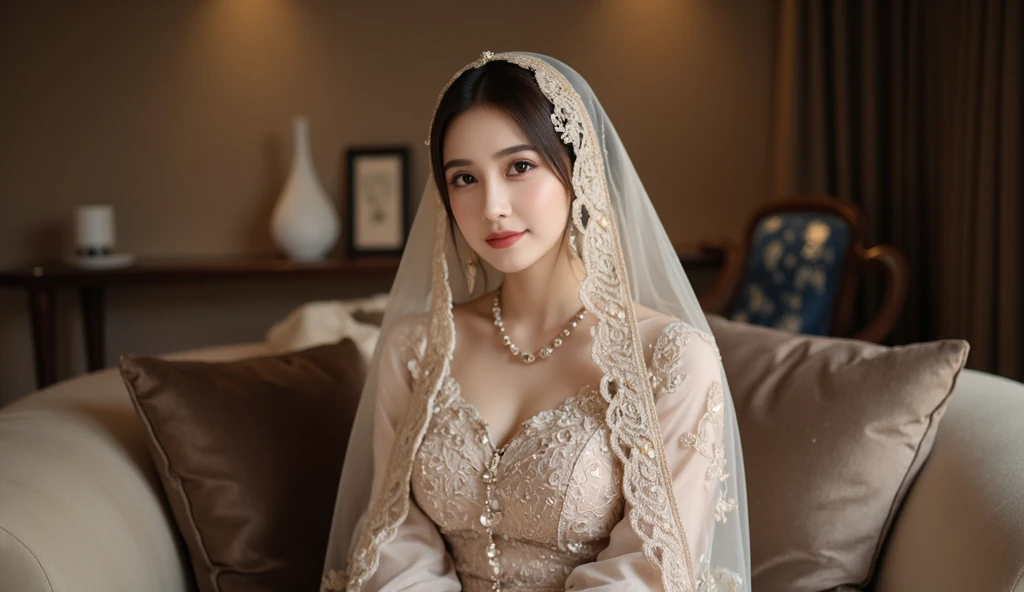 see-through, transparent, Flashy, grandeur, glamor, cleavage, hijabi, Absurd, ultra-detailed, high quality, masterpiece, detailed face, beautiful eyes(detailed eyes), javanese, gentle and graceful, face exudes warmth and kindness, eyes described as soft and comforting, gentle and steady gaze, overall appearance is simple and modest, The fabric of her garments is usually depicted as soft and earth-toned, beauty lies not in extravagant adornments, Her smile is serene and welcoming