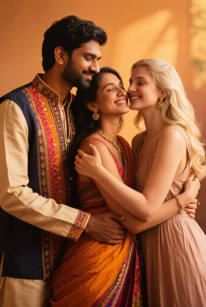 Mehndi setup with a Black man and Indian woman seated on two separate ottomans, florals, bowls with tumeric bowls and Indian decor around them.