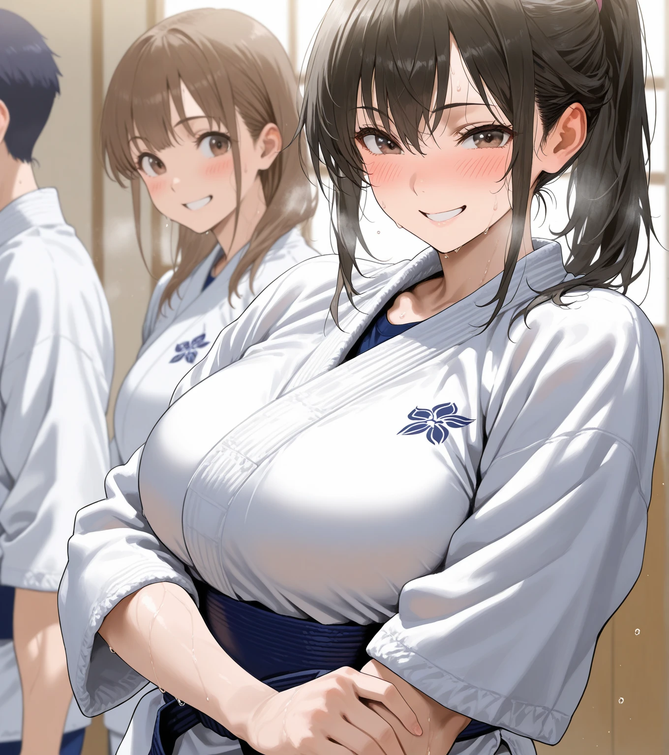 2girl,japanese,1girl short stature,glamorous, voluptuous, nsfw,see-through yukata,surround many penis boys,shy,sexual ecstasy, blush