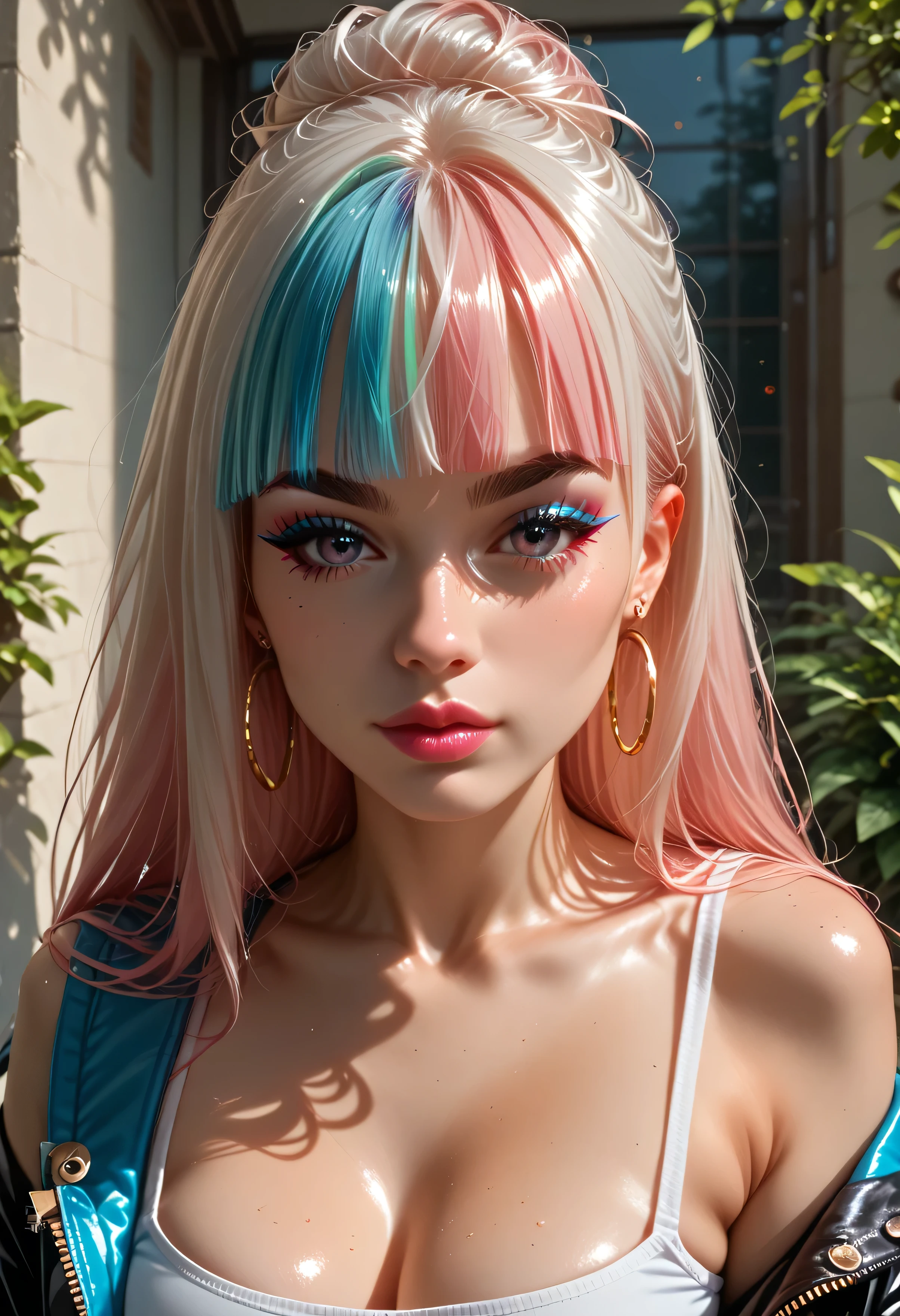 hyper-realistic detail, 8K resolution, ultra-sharp focus, dramatic shadows, cinematic lighting, best quality, detailed eyes, perfect eyes, realistic eyes, white hair with rainbow colours, long hair, rainbow highlights, blunt bangs, thick eyebrows, black eyebrows, brown eyes, mascara, makeup, pink lips, Stylish, A fashionable young woman with pastel pink hair in a high bun and soft bangs, standing confidently in front of a modern college campus building.

She's wearing a cropped pink top, a sporty bomber jacket loosely draped over her shoulders, and sleek black leather leggings with white stripes. Her gold hoop earrings and bold white sunglasses resting on her head add to her trendy vibe. She carries a stylish backpack slung over one shoulder, books in hand, exuding cool-girl energy. Students in the background walking, sitting on the grass, and chatting. Bright daylight, natural shadows, vibrant and lively atmosphere, high-resolution, magazine-style photography, college lifestyle aesthetic.