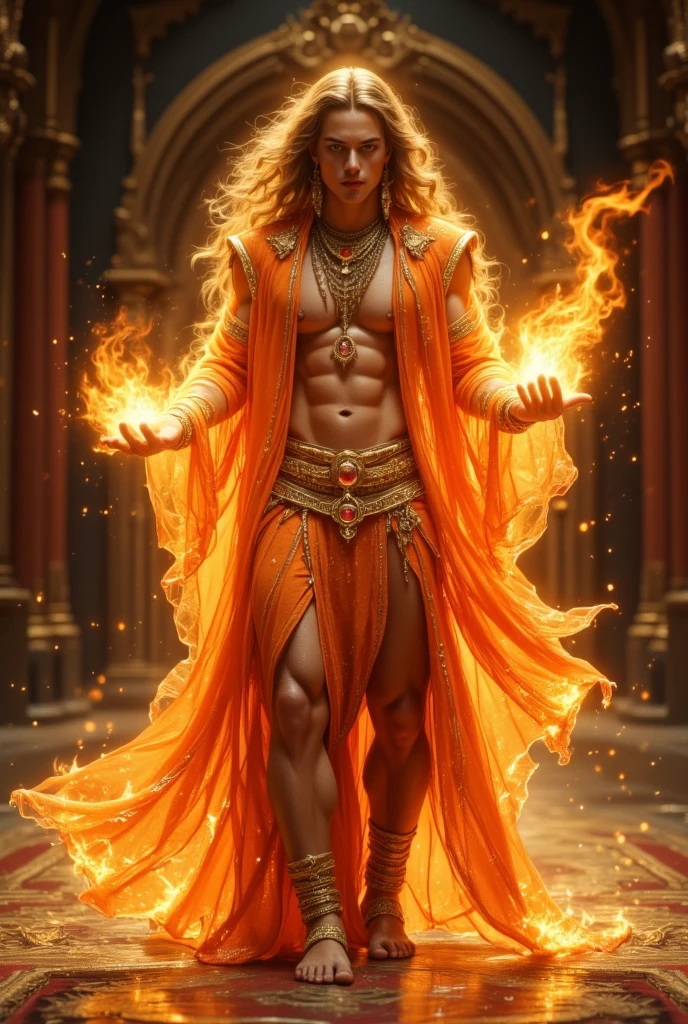 A Tantric God, handsome with reddish and golden robes, tantric symbol, yin e Yang,fire, sexiness 