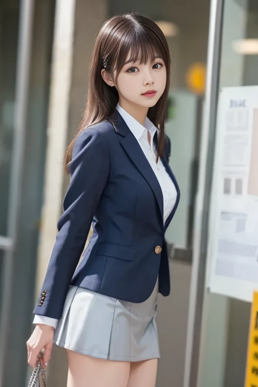 one person、solo、A 20-year-old office lady in office uniform poses for a photo shoot、victory、Tsundere、Saucy、Single knot、OL、suit、blue mini skirt、anger、Small、glasses、Slim girl model photo、Body:史上最Smallの中年男性、female model、Japanese female fashion model、(8K、RAW photo、Highest image quality、masterpiece:1.2)、(real、photorealistic:1.37)、Ultra high definition、Ultra high definition、Office Street、standing position、whole body、((((SEXY)))