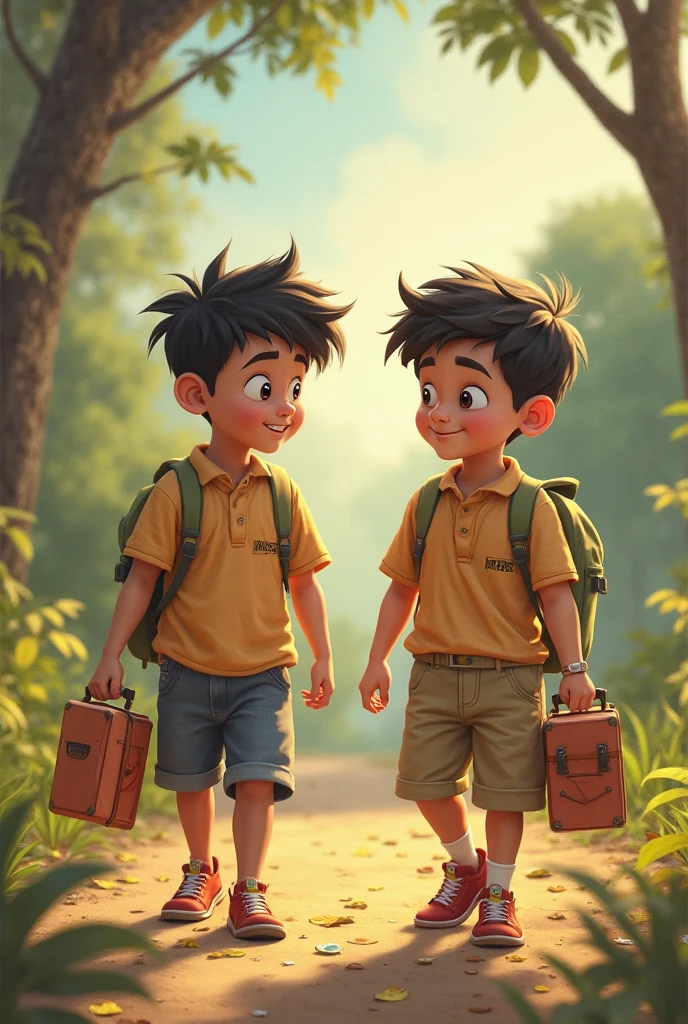 Genrate a school boy they wear a sky blue full slive shirt and dark blue pant and school shoes and they are skin tone brown and dell and his school in belt write him school name and they are entring in school with his firend