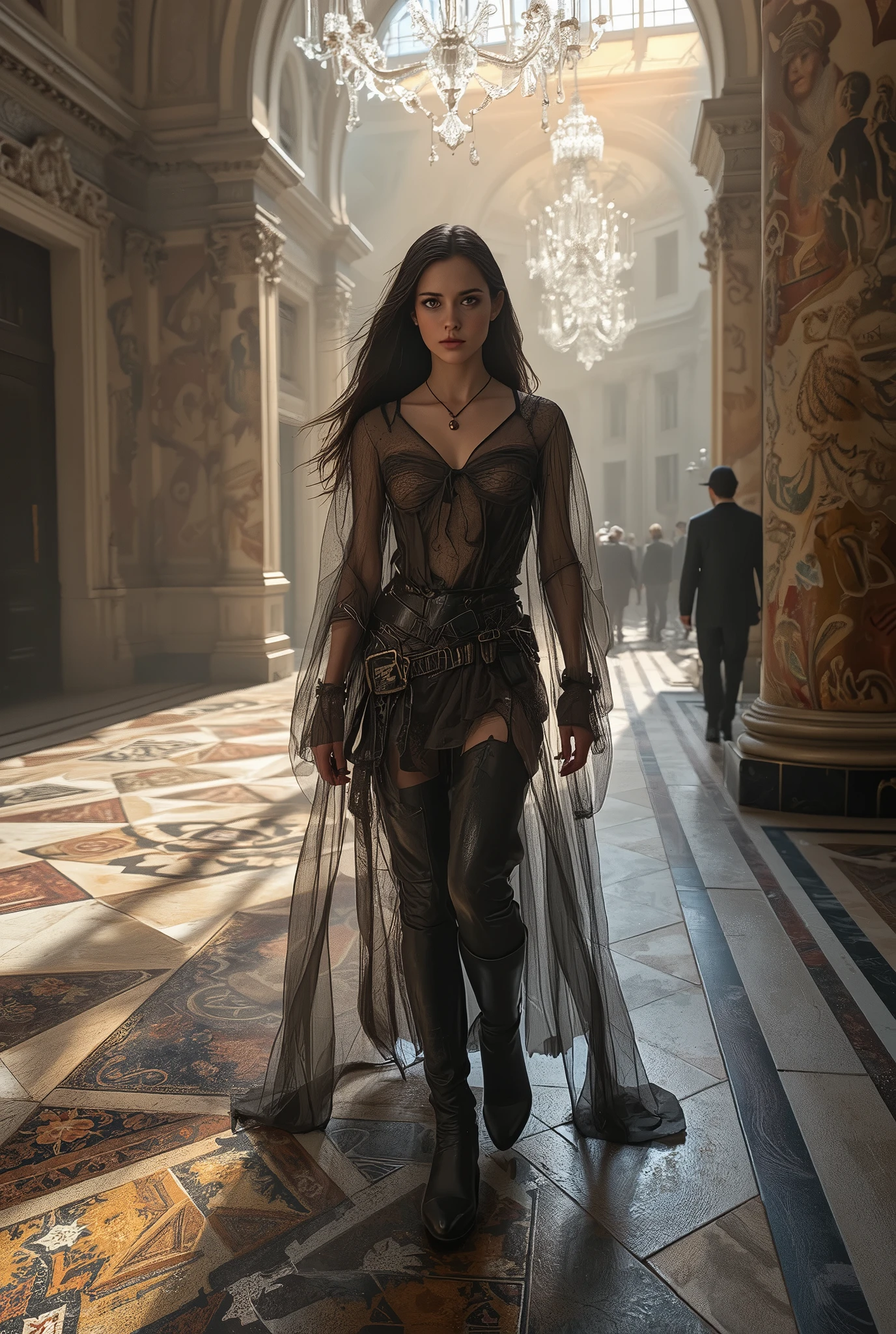 young complicated woman in the royal palace, Wide-angle lens/2.8, Ultra High Resolution Complex Textures, Texture Indentation, The perfect perspective, Perfect Geometry, Ultra Crazy Ambient Lighting , Super Crazy Ambient Shadows, Luminism, super detailed busy background , tessellation, maximalism , Perfectionism, An IPA Award-Winning Masterpiece,