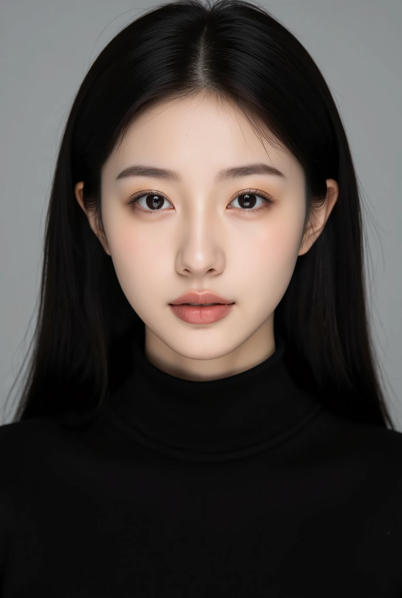 studio portrait of a Korean woman, medium shot from chest up, fair and clear skin, long dark straight hair, wearing a black turtleneck, looking directly at the camera, calm and confident expression, soft diffused lighting, minimalistic grey studio background, high detail, sharp facial features, hyper-realistic, elegant and professional