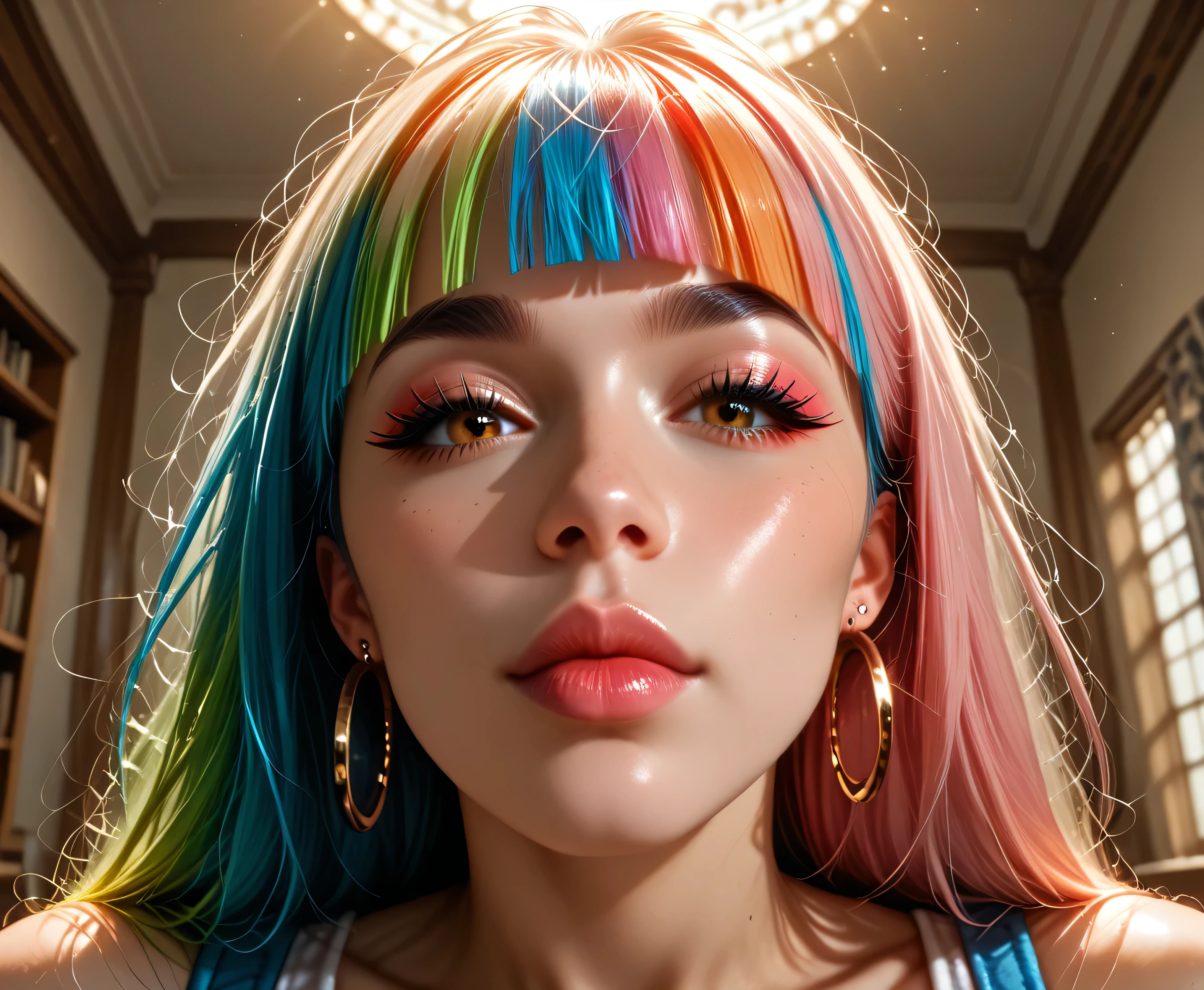 hyper-realistic detail, 8K resolution, ultra-sharp focus, dramatic shadows, cinematic lighting, best quality, detailed eyes, perfect eyes, realistic eyes, white hair with rainbow colours, long hair, rainbow highlights, blunt bangs, thick eyebrows, black eyebrows, brown eyes, mascara, makeup, pink lips, Stylish, A fashionable young woman with pastel pink hair in a high bun and soft bangs, standing confidently in front of a modern college campus building. sher gold hoop earrings and bold white sunglasses resting on her head add to her trendy vibe. She carries a stylish backpack slung over one shoulder, books in hand, exuding cool-girl energy. Bright daylight, natural shadows, vibrant and lively atmosphere, high-resolution, magazine-style photography, college lifestyle, Hyper-realistic detail, 8K resolution, ultra-sharp focus, dramatic shadows, cinematic lighting, high fashion aesthetic.