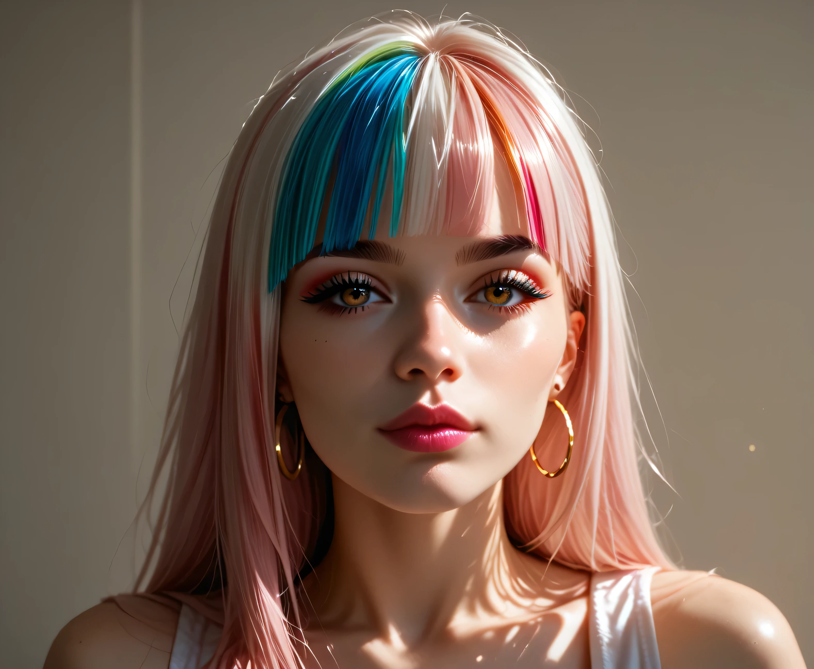 hyper-realistic detail, 8K resolution, ultra-sharp focus, dramatic shadows, cinematic lighting, best quality, detailed eyes, perfect eyes, realistic eyes, white hair with rainbow colours, long hair, rainbow highlights, blunt bangs, thick eyebrows, black eyebrows, brown eyes, mascara, makeup, pink lips, Stylish, A fashionable young woman with pastel pink hair in a high bun and soft bangs, standing confidently in front of a modern college campus building. sher gold hoop earrings and bold white sunglasses resting on her head add to her trendy vibe. She carries a stylish backpack slung over one shoulder, books in hand, exuding cool-girl energy. Bright daylight, natural shadows, vibrant and lively atmosphere, high-resolution, magazine-style photography, college lifestyle, Hyper-realistic detail, 8K resolution, ultra-sharp focus, dramatic shadows, cinematic lighting, high fashion aesthetic.