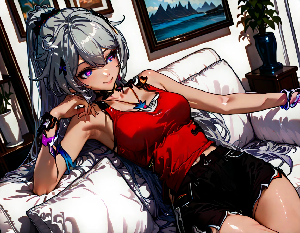 14 years old, school girl, sports bra, short , ponytail, fit clothes, red eyes, silver hair, camel toe,Lying with legs spread, Translucent dress,