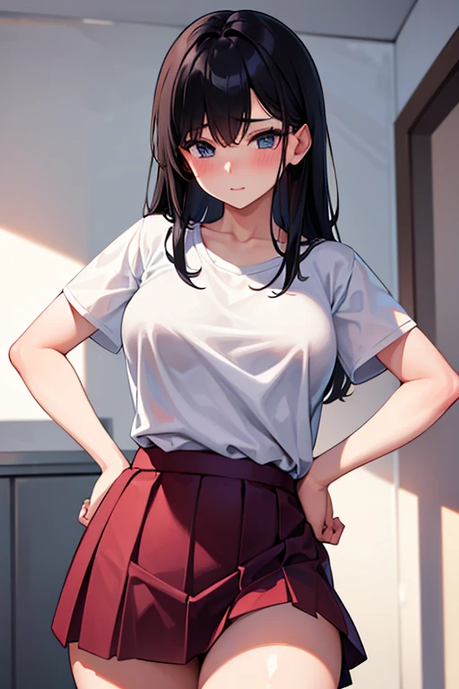 1girl, black skirt, busty, white t-shirt, beautyful woman, sexy, black hair, short haircut, blush, arm down, sexy look, parted lips, red eyes, epic lightning, detailed lightning, detailed background, bedroom