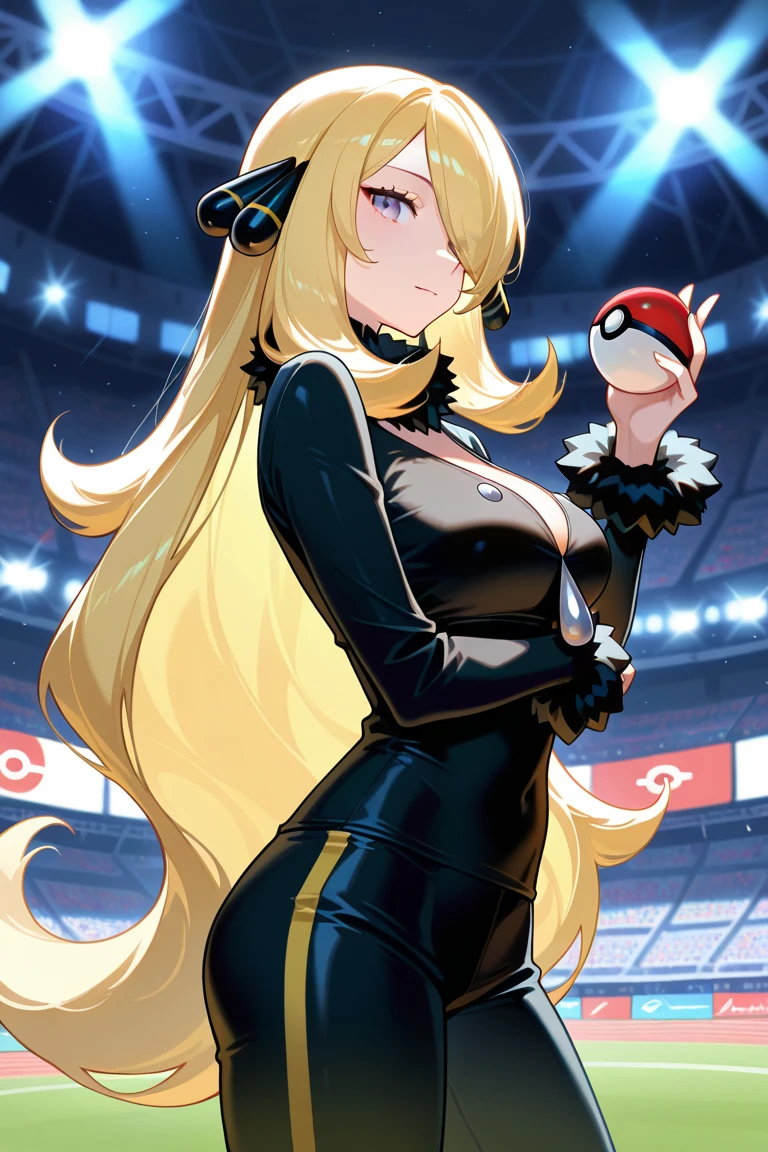 (masterpiece, best quality, ultra detailed, beautiful illustration), atmospheric perspective, depth of field, looking at viewer, beautiful detailed eyes, anime eyes:1.4, (portrait, close-up:1.2), action pose, dynamic angle, (stadium, arena, holding pokeball:1.5, pokeball:1.5), 1girl, sexy smile, mature woman, milf, curvy, (huge breasts:1.2), cynthia_pokemon, one eye covered, hair over one eye, blonde hair, grey eyes, long hair, hair ornament, fur collar, fur-trimmed coat, grey eyes, black pants, black shirt