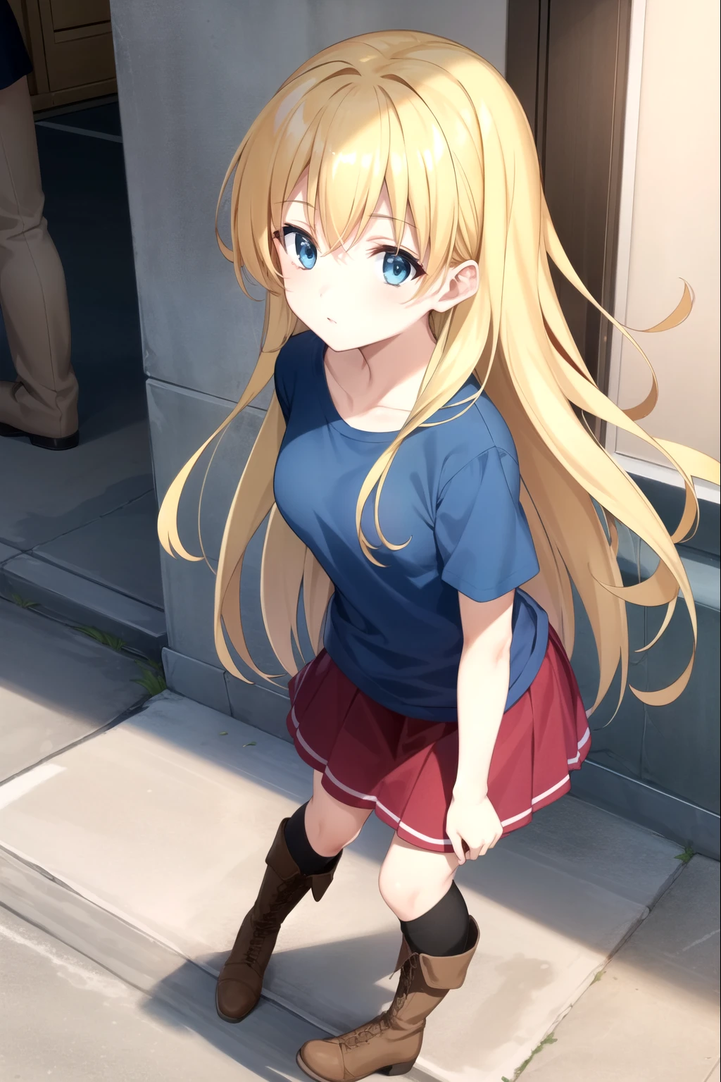 1girl, standing (Anatomically Correct body 1.6 ) Blonde anime girl with long hair of (eye Yellow Navy blue t-shirt and light blue skirt (color) And brown boots 1.6)