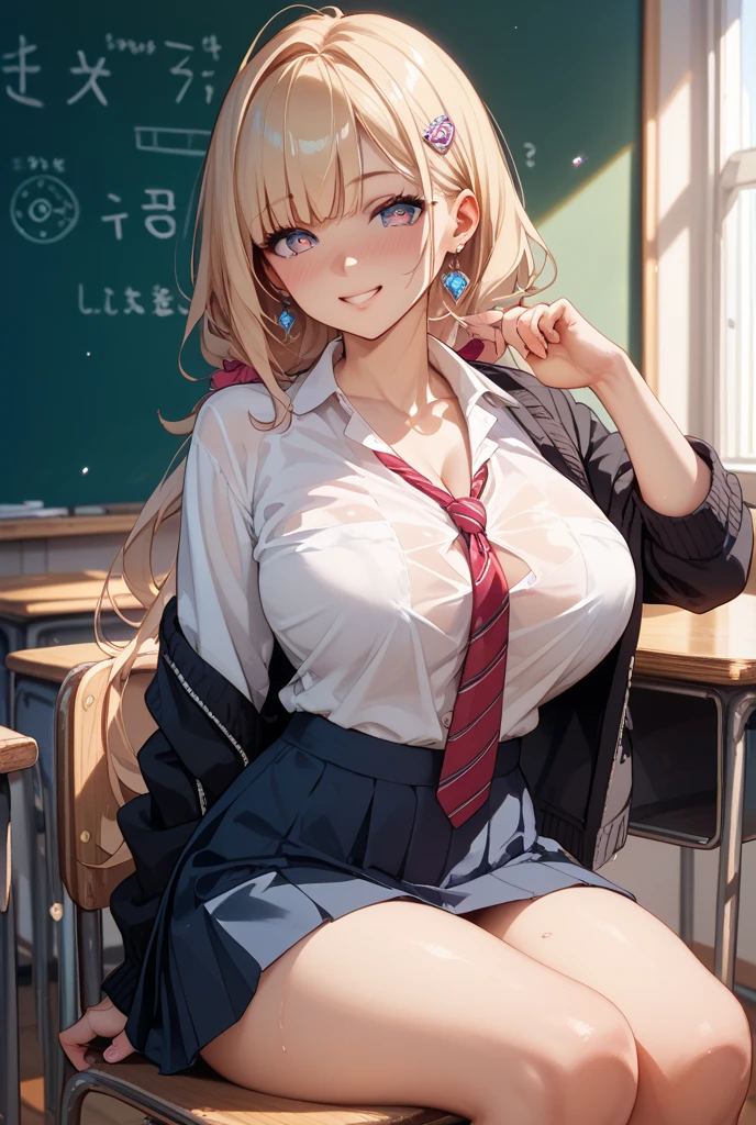 masterpiece ,best quality,ultra-detailed,high resolution,beautiful face,smile,beautiful detailed eyes,faint lips,long hair, cleavage, navel, slim legs, blonde hair, skirt, Kitagawa marin, school uniform, class,detailed background,cutout between underboob,pointed breasts,