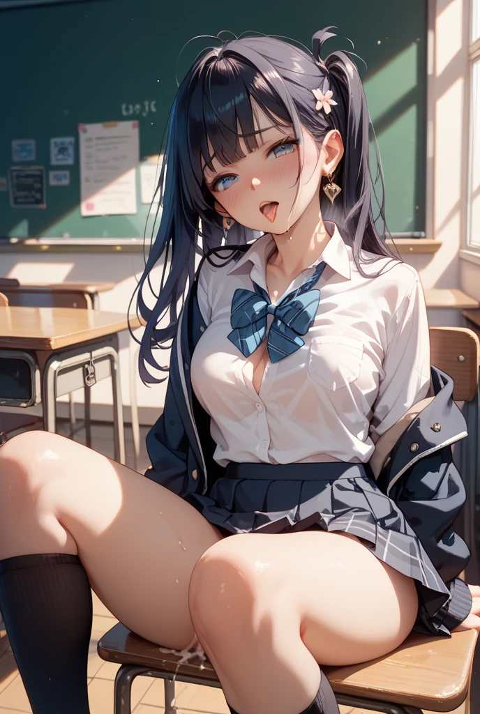 (extremely details CG、Unity、8K Wallpapers)、(extremely delicate and beautiful)、(​masterpiece)、(top-quality:1.0)、(超A high resolution:1.0)、beautiful  lighting、Beige pantyhose、perfect lightning bolt、realistic shadow、[hight resolution]、Detailed skin、ultra-detailliert、detailed faces and eyes、Realistic eyes、Sharp pupils、cowboy  shot, Inside the classroom、Schools、Evening glow、beauitful face、blurry backround、16-year-old beautiful girl、shinny skin、Side Up、Beautiful black hair、Blunt bangs、Blue eyes、a sailor suit、Pleated miniskirt、Curve、Sitting on a desk、(Opening legs、You can see light panties.:1.2)、Smile with open mouth、Looks happy