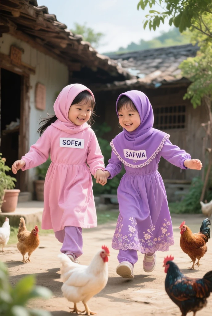 three little girls in hijabs are standing in front of a store, hana alisa omer, cute girls, kid, cute:2, lovely and cute, by Basuki Abdullah, very cute and childlike, by Ibrahim Kodra, cute adorable, perfect expression, cute and lovely, cuteness, beautiful girls, cute expression, hijab, beautiful cute, cute woman, indonesia