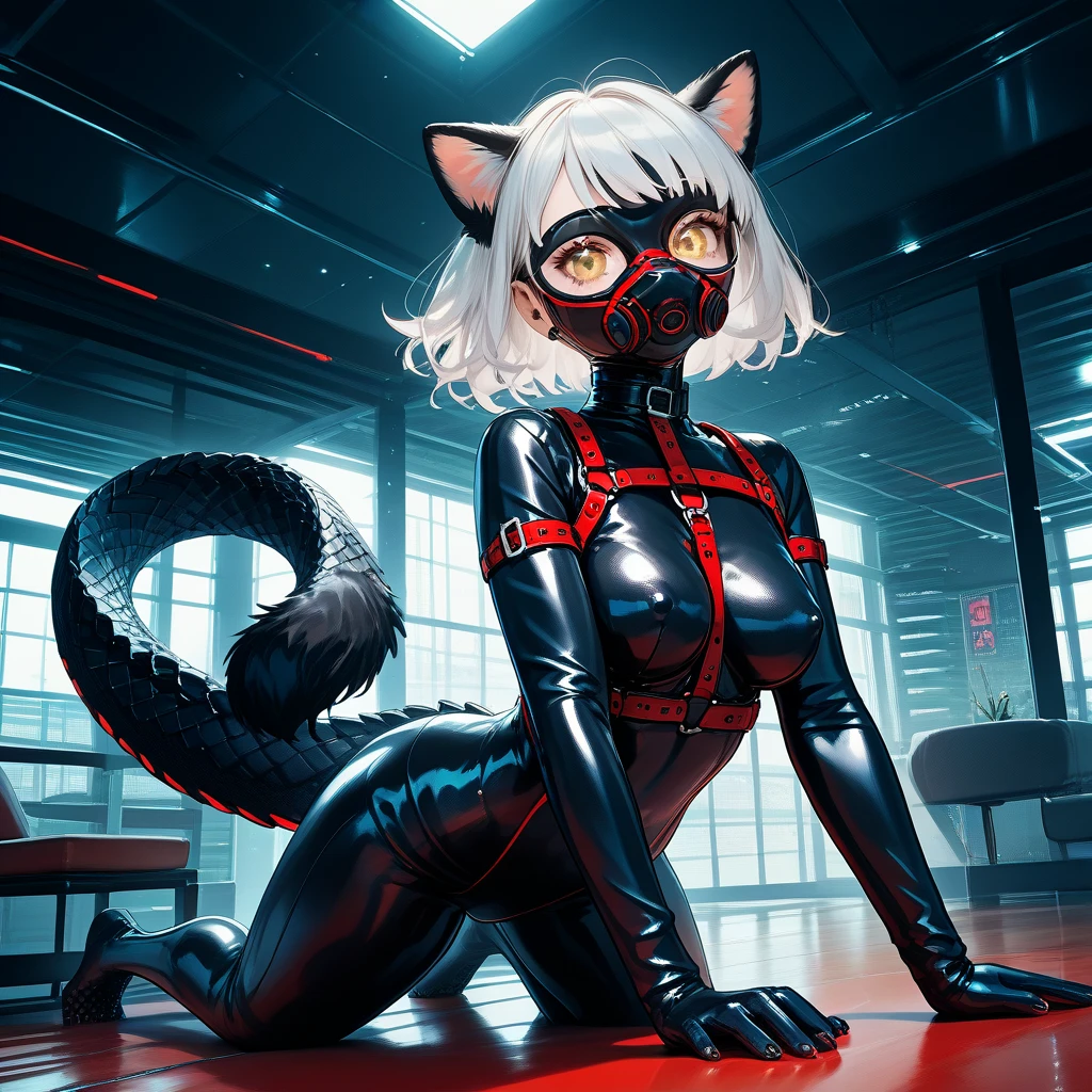 Highest quality, Highest quality, High quality illustrations, masterpiece, Ultra-high resolution, Detailed Background, club, Auction Venue, Absurd, Perfect Anatomy, Performance, Good lighting, Shadows in the movie(kemono, Furry Personification), Rubber Suit, latex, Fishnet tights, ribbon, Earrings, male, Handcuffs, Shackles, Red harness, gag, Being restrained, 後ろ手にBeing restrained, Bondage, null bulge, On display