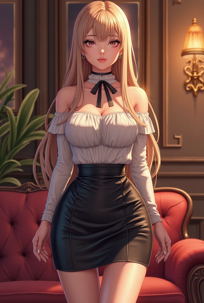 A beautiful blonde woman with three braids and deep red eyes, gazing condescendingly at the viewer with a cute grinning expression, extreamly detailed wear, wear, extremely detailed and realistic, masterpiece quality, ultra-detailed, HDR, studio lighting, vivid colors, physically-based rendering, thick muscular thighs,Evil female executive