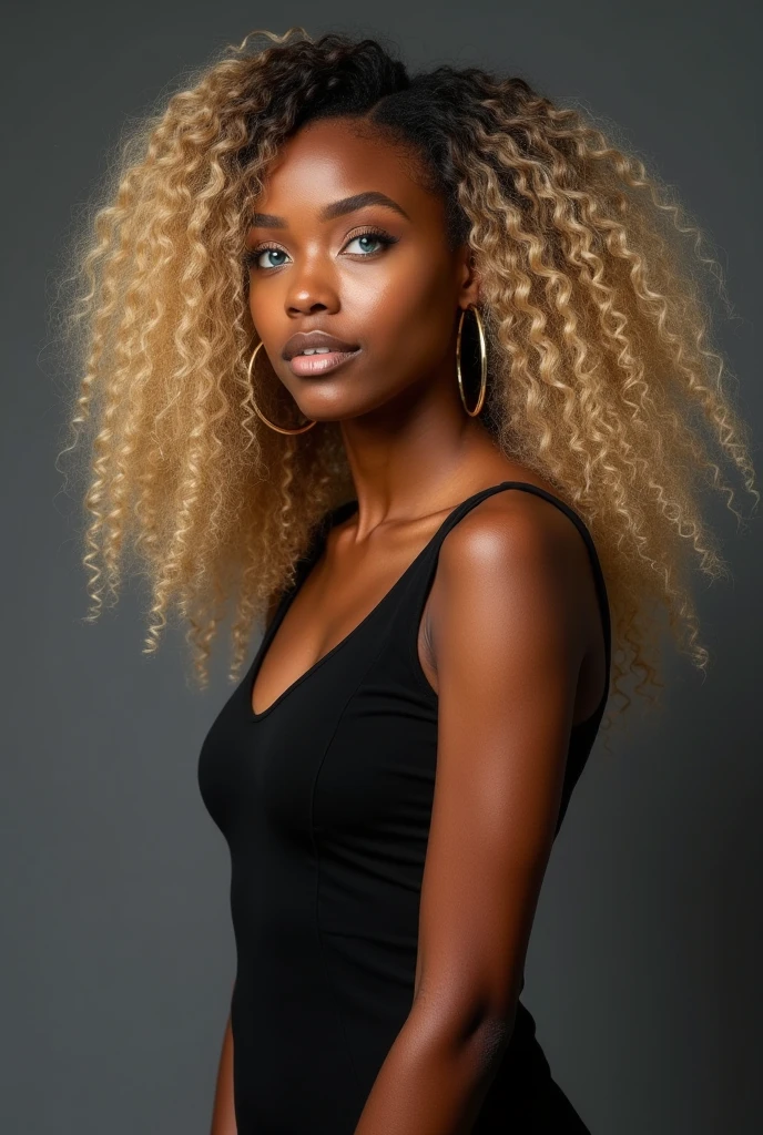 Curly blonde hair, light skin black girl, full body