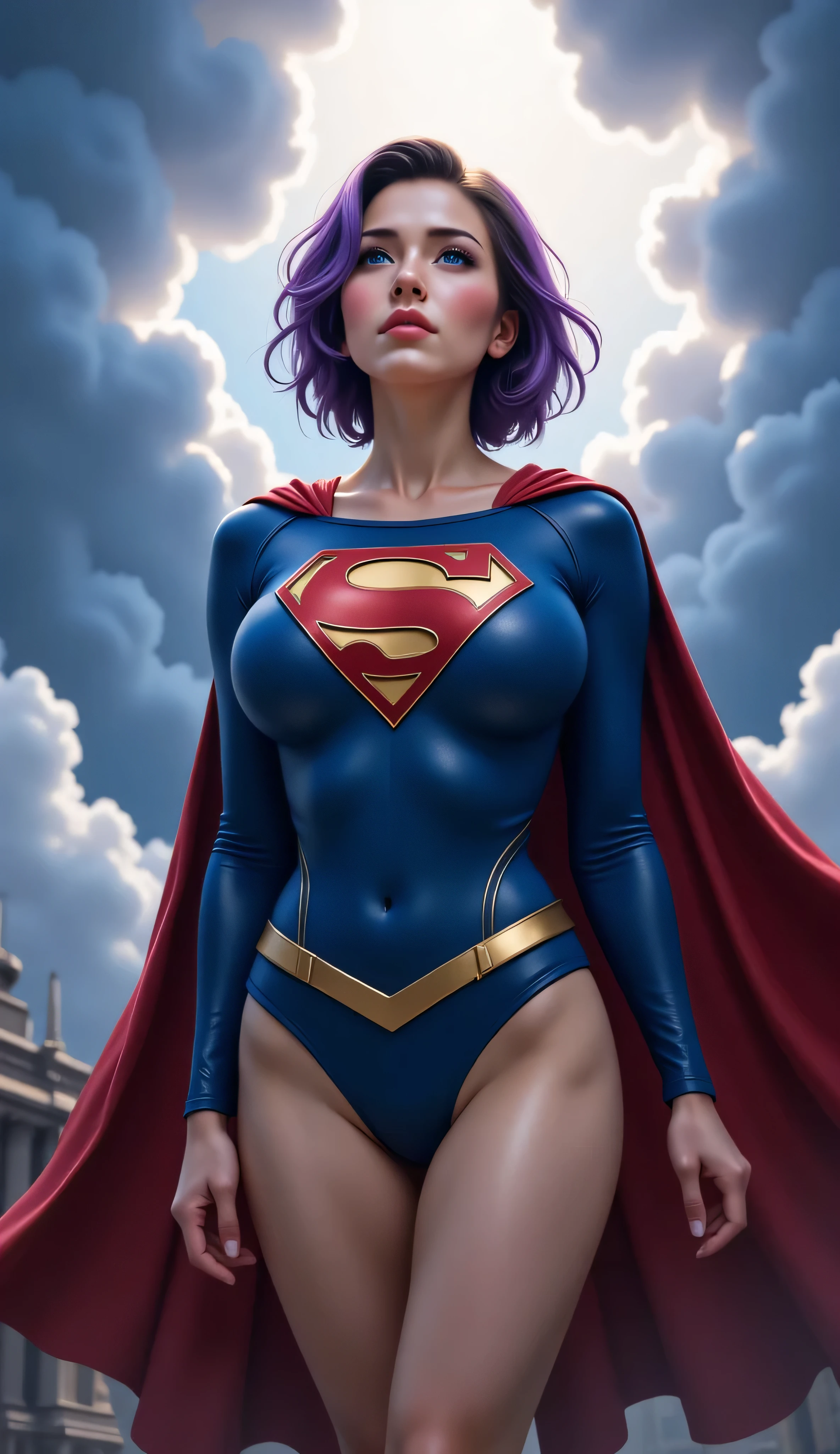 "Photo-realistic, ultra-detailed cinematic portrait of a reimagined Supergirl. She has short, tousled purple hair and gray-toned skin, giving her a mysterious Kryptonian presence. Her vivid blue eyes look upward with fierce determination. She wears a classic blue Supergirl costume with a golden-red 'S' emblem, sheer pantyhose, and a flowing red cape that billows dramatically behind her. Her stance is powerful, front-facing, with her head tilted up toward the sky. The lighting is moody with smooth highlights and deep shadow detail. Background features stormy clouds parting above, casting cinematic rays of light. The overall image is composed at eye-level, focused on her as the heroic centerpiece — masterpiece quality, 8K resolution, hyper-realistic skin and fabric textures, evoking both strength and grace."