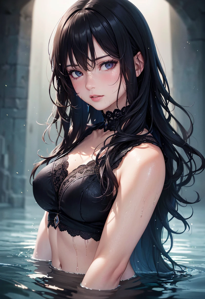 Bare body，bare arm，Dress revealingly，See-through installation，Bumps，Lace，Tattered，Navel Exposed，Cleavage exposure，Shy face