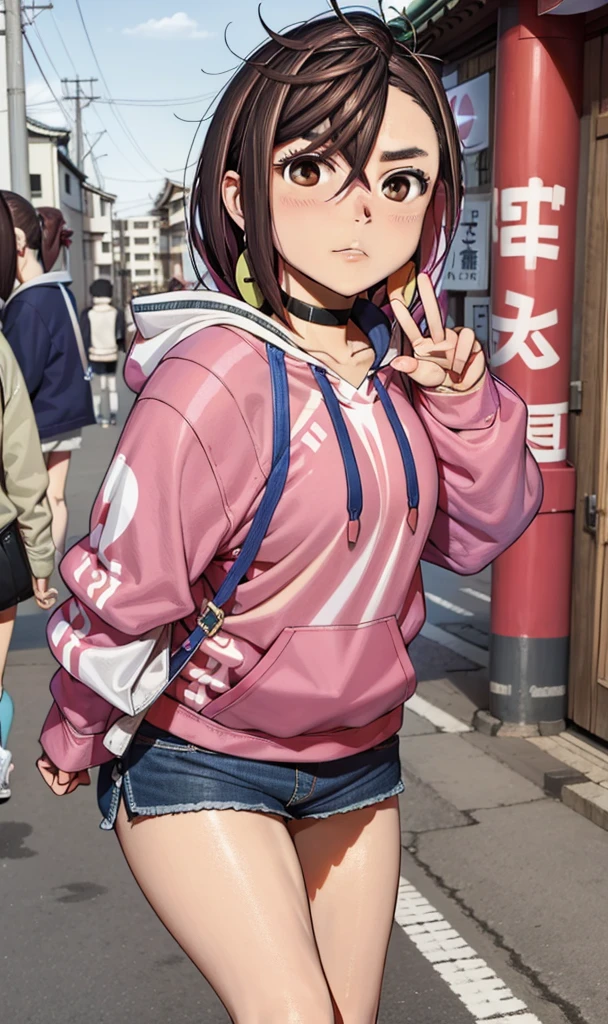 ,, missing front teeth, smiling widely, eyes without pair of eyes, Asian, front forehead visible, hair tied together, pink t-shirt, light blue shorts, lollipop in hand,