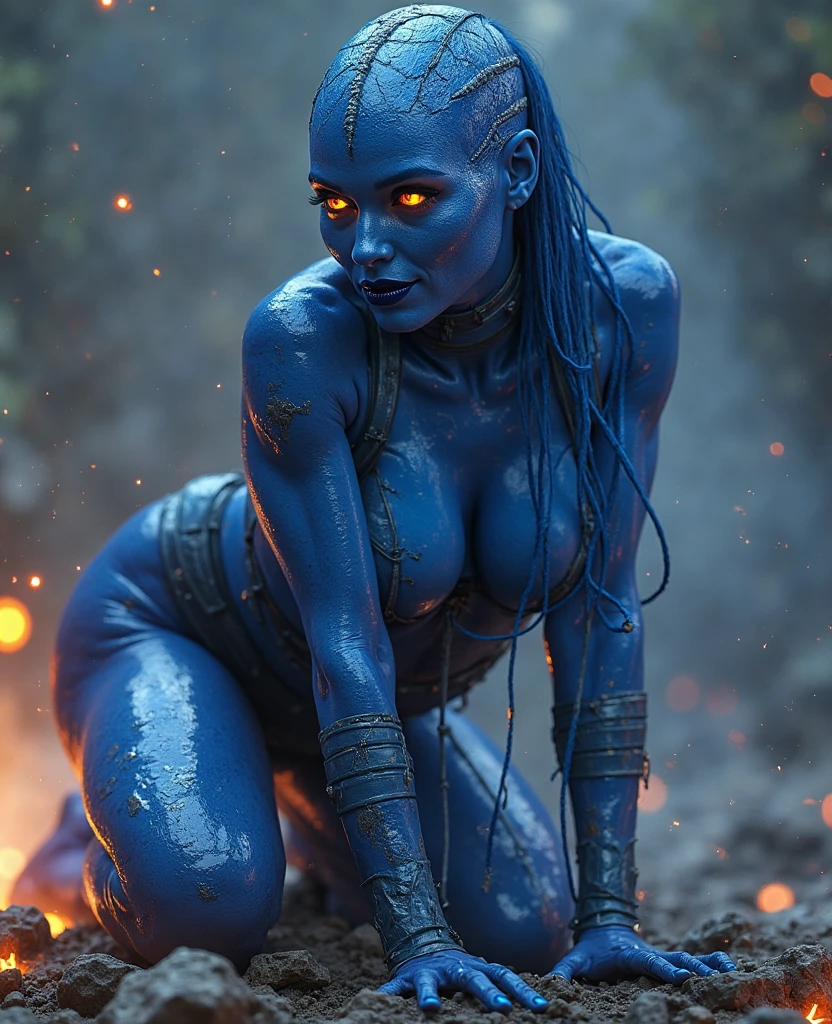 Environment: [Urban night scene], [modern city], [artificial lighting], [neon lights from buildings in the background].

Lighting: [Neon lights], [brightness of the central figure].

Central Figure:

Appearance: {humanoid being}, {muscular and skeletal appearance}, {"covered in bright blue flames"}.
Head: {"skull"}, {"exposed teeth"}, {"eyes glowing with blue energy"}.
Flames: {"emanating from the head, shoulders, arms, and legs"}, {"enveloping the entire body"}, {"intense glow"}.
Position and Attitude:

Posture: (crouched), (one hand touching the ground), (about to attack or prepare for a leap).
Expression: (anger or determination), (intensity of the flames).
Additional Details:

Hands and Fingers: {"skeletal"}, {"long, bony fingers"}, {"covered in blue flames"}.
Legs and Feet: {muscular}, {firmly planted on the ground}, {"flames spreading around"}.
Scene: [cracked ground], [flames burning the soil], [glowing marks].