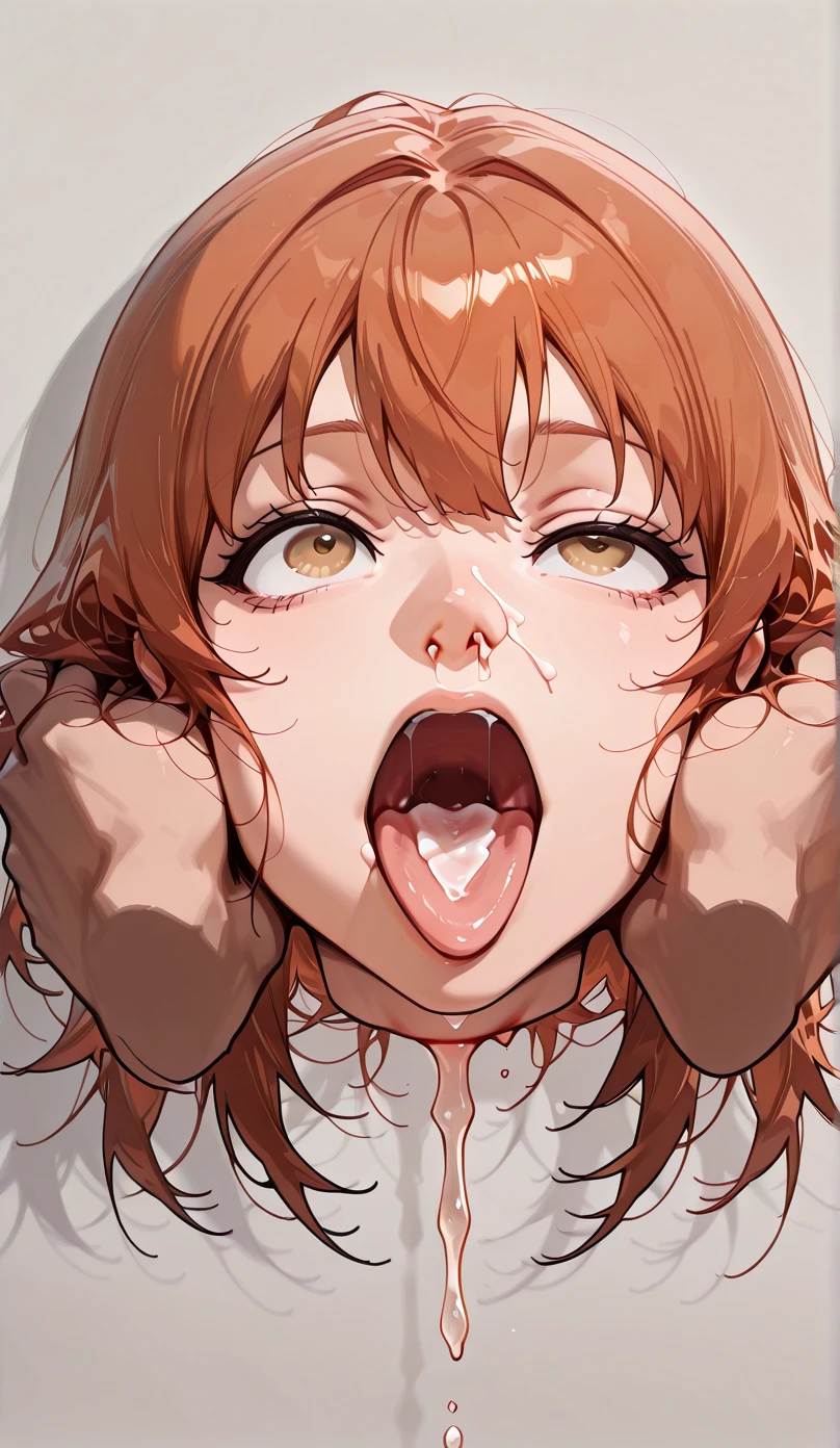 score_9, score_8_up, score_7_up, score_6_up,MAPPA Studio style, Chainsaw man style, source anime, score_4, score_5, 1girl, woman, looking at viewer, large breasts, close-up, portrait, looking up, from above, open mouth, drooling, oral invitation, saliva, sweat, tongue, tongue out, naughty face, blush, chainsaw man, Makima, Makima clothes, bruisedz wounded, prominent chest, big breasts, squeezing breasts, wet breast, cum all over face, cum on tongue