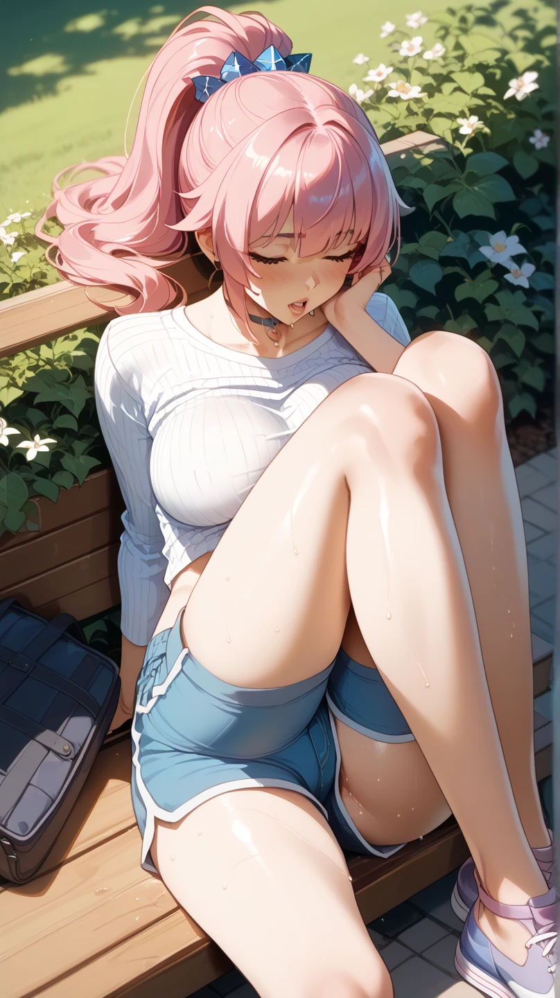 (Masterpiece, BestQuality:1.3), (ultra detailed:1.2), (hyperrealistic:1.3), (RAW photo:1.2), High detail RAW color photo, professional photograph, (Photorealistic:1.4), (realistic:1.4), (Pink Hair:1.5), professional lighting, perfect anatomy, (Big Breasts:1.2), (blush, detailed face), (A happy smile:1.7), sexly, erotic sexly, Random sexy gravure poses, (Red sweater and white shorts、White sneakers、Posing lying on the grass under a blue sky。The ring shines。:1.3)