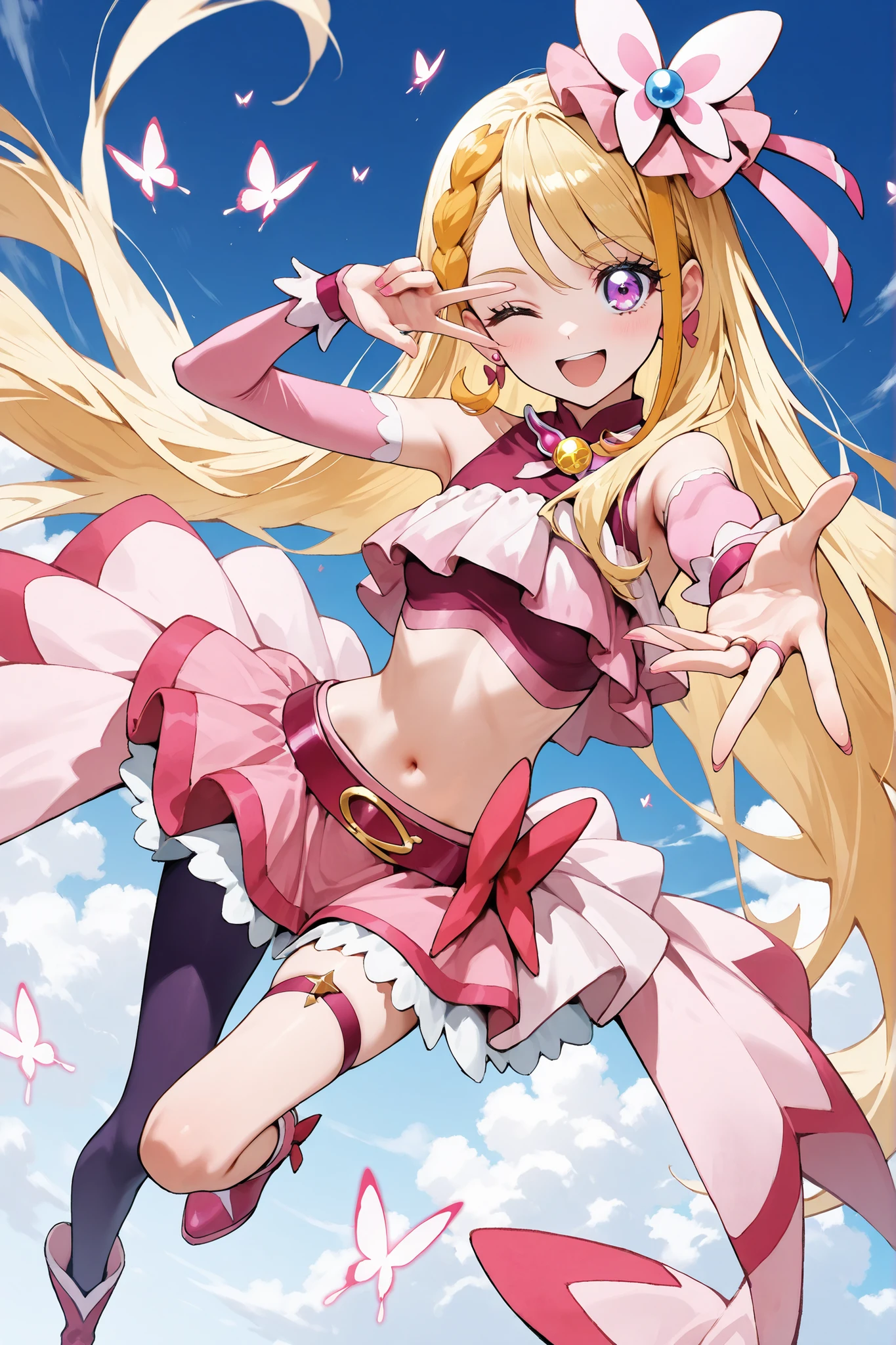 Rabbit ears, licking candy, 80s fashion, city pop color, background is city pop, fusion of city pop and uniform, tube top uniform, rabbit, pigtails, small, female brat, thick eyebrows, thin waist, beautiful blonde, braid, (masterpiece), ((highest quality)), (super detailed), girl, (beautiful eyes)), beautiful detailed eyes, clean and detailed face, five fingers, textile shading, perfect anatomy,