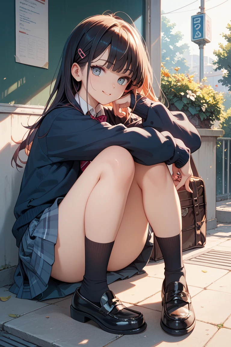 masterpiece、girl with、hi-school girl、School Uniforms、FULL ANATOMY、complete hands、complete fingers、lighting like a movie、Squatting、In front of the school gate、I can see panties、Panties with patterns、Wearing childish panties、Wear cotton panties、Smartphone with detailed design, Super Detail、Operating a smartphone、Holding the mobile phone in one hand、(Look at her phone screen:1.4)、(Her gaze is on the screen of her smartphone:1.4)、Shoot head-on、She focuses on smartphones、Don't look at the camera