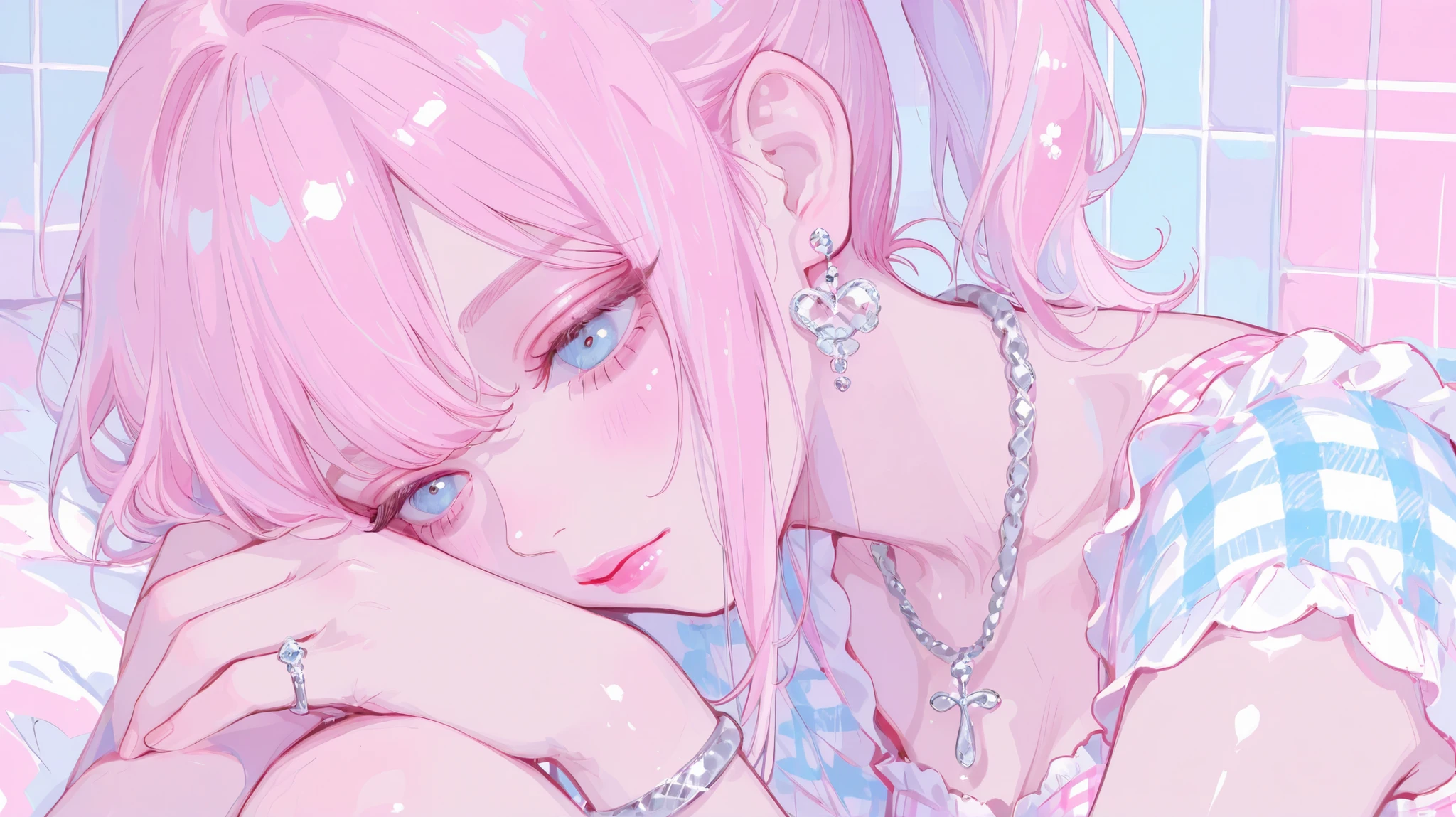 Pastel colors, one girl, gingham check clothing, pretty light blue eyes, pink lips, top quality, silver bracelet, silver necklace, pink hair (ponytail hair), facing us,