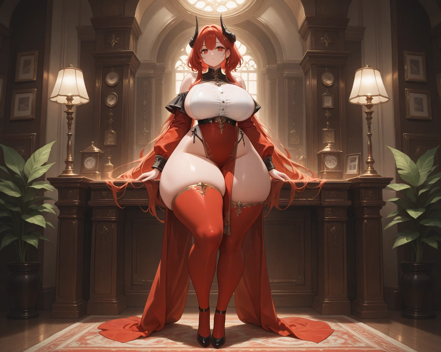 beautiful longhaired beautiful elegant and dominating and sexy succubus, full one piece dress, adult figure, petite body, ((((unrealistically extremely large breasts)))), ((((only thigh to head shot)))), ((medieval nobles residence)), succubus horns, pointed succubus ears, blood red eyes, succubus demon tail, ((medieval fantasy motif)), black pantyhose, sitting down on chair,
