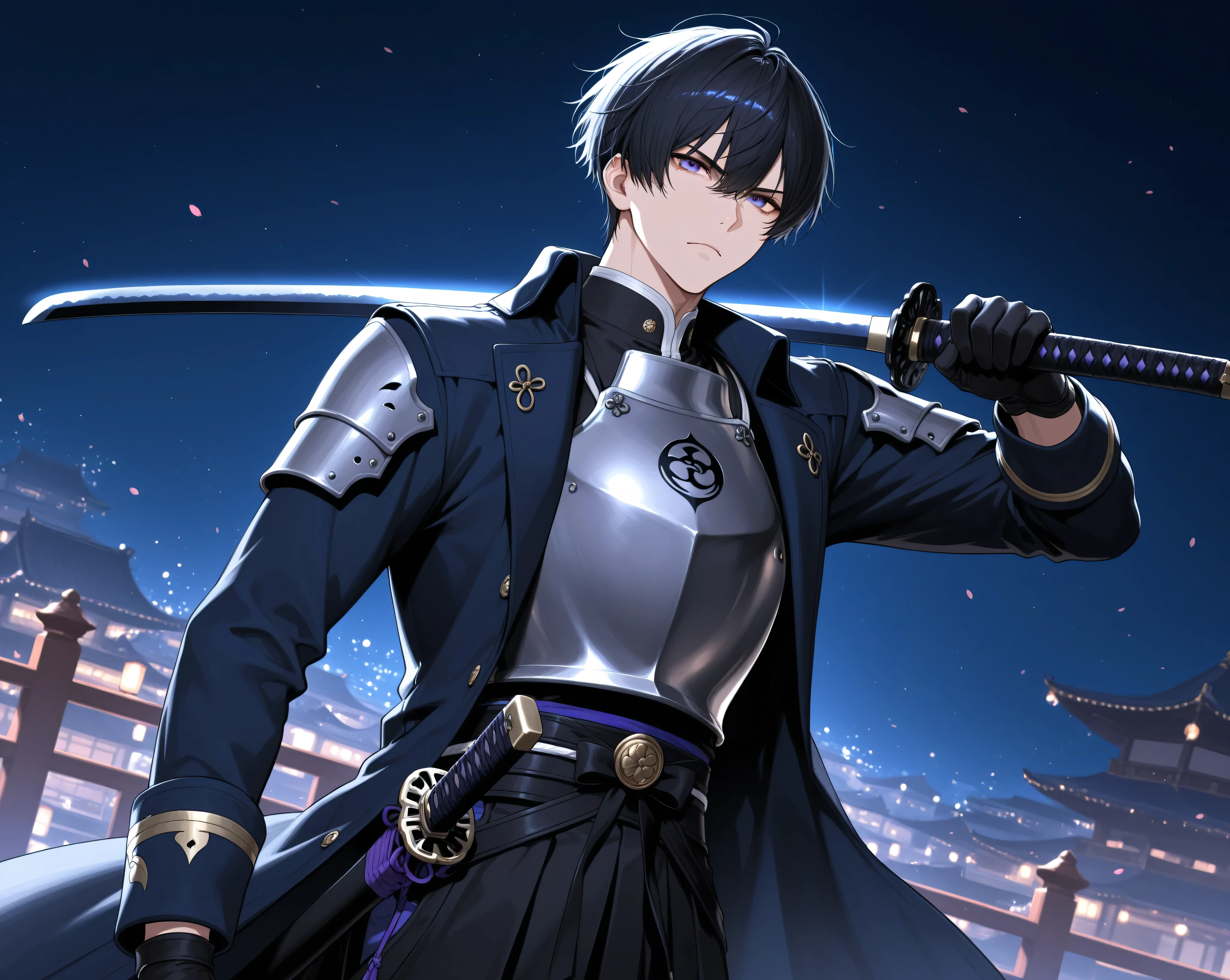 one gay boy、coat、breastplate、Holding a Japanese sword with both hands、Serious Gaze、Angle from top left、 night view
