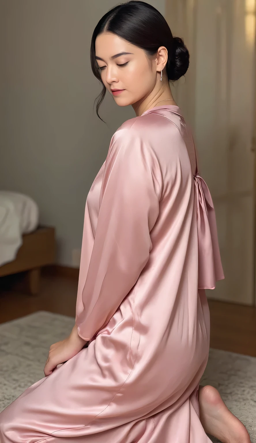 a woman, kneeling in the bedroom, wearing a pink satin nightgown, Big , shirt looks full body,